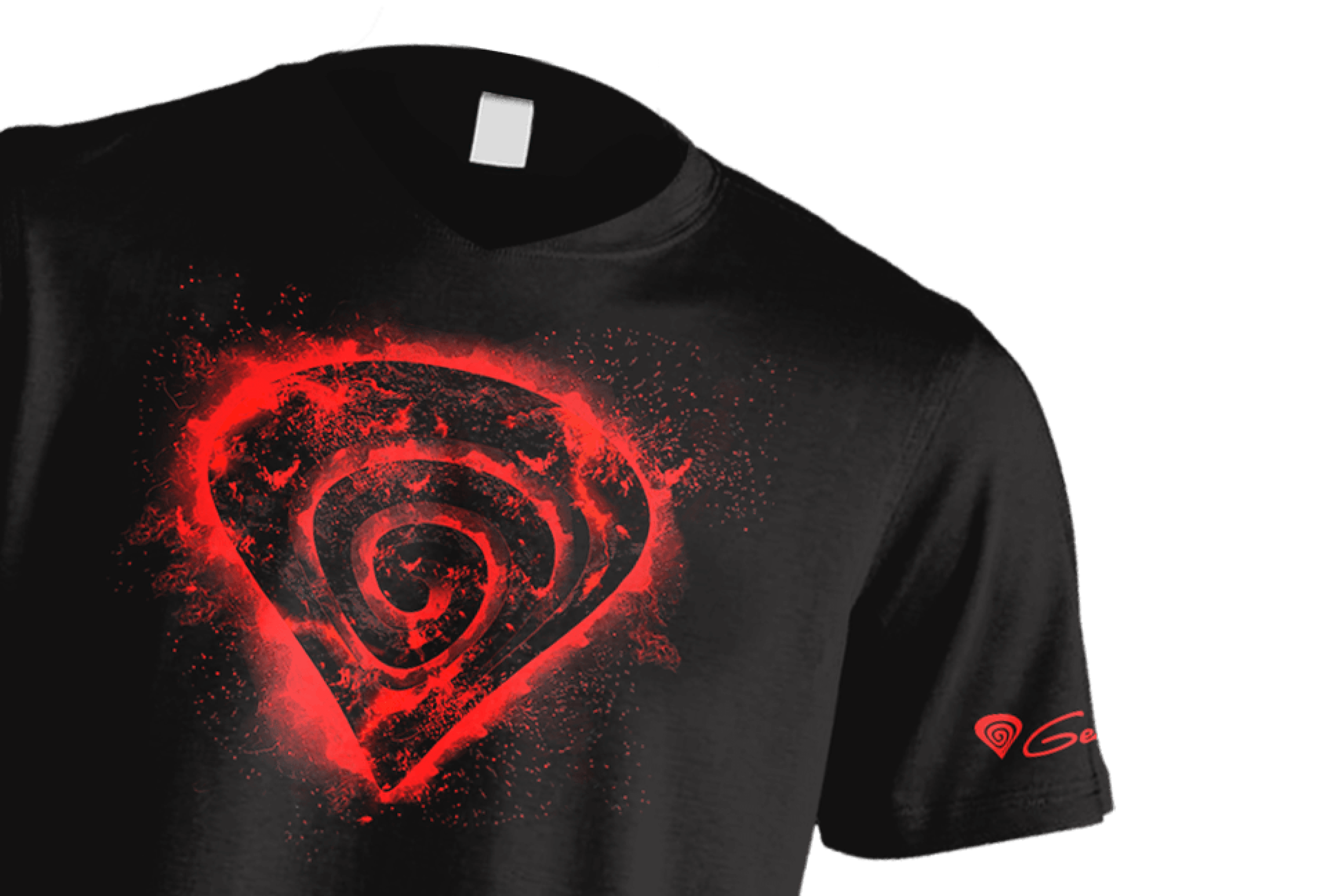 Czarny t-shirt w rozmiarze S z dużym czerwonym spiralnym wzorem z przodu i logo Genesis na rękawie.
