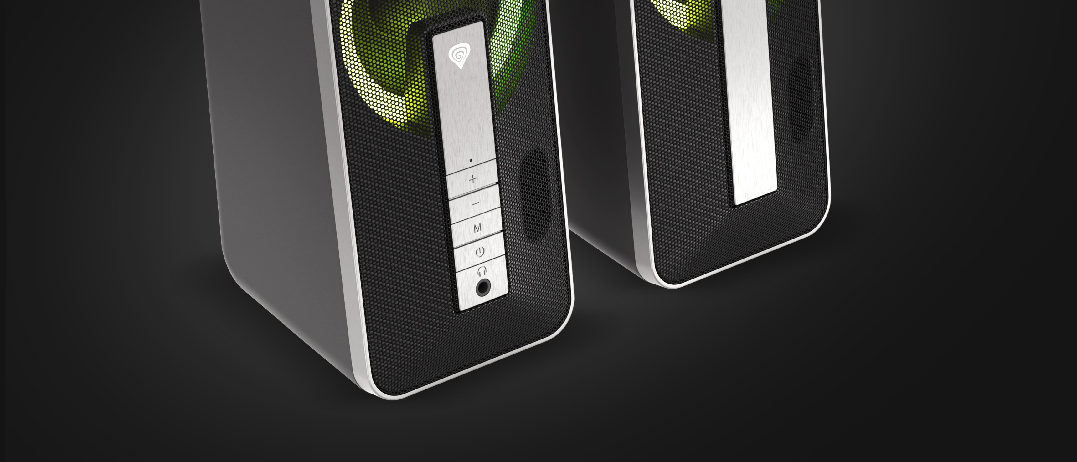 Czarne głośniki Bluetooth z podświetleniem RGB i przyciskami sterowania z przodu, prezentujące nowoczesny design