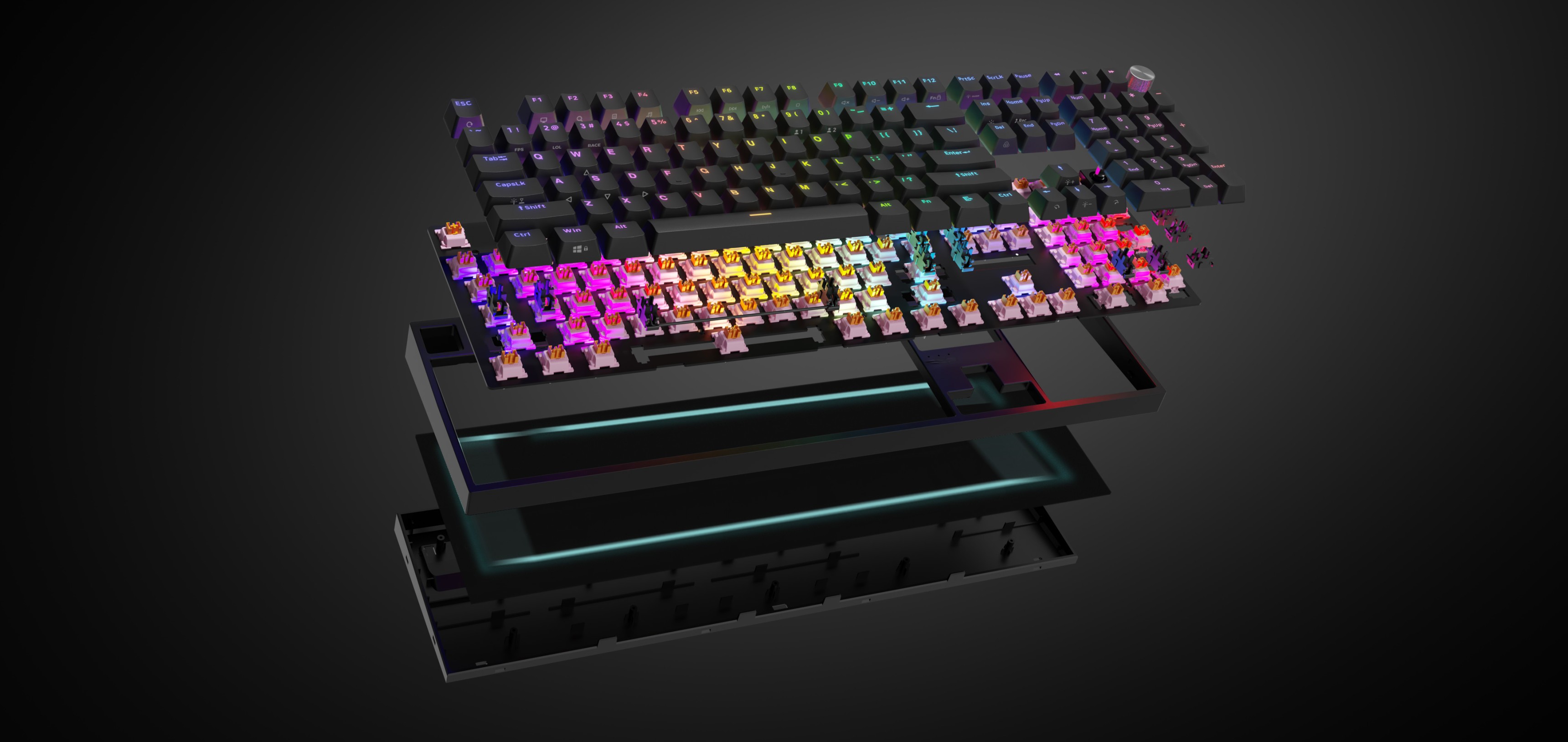 Czarna mechaniczna klawiatura dla graczy z podświetleniem RGB i przełącznikami Outemu Peach Silent. Nowoczesny design z kolorowym podświetleniem klawiszy