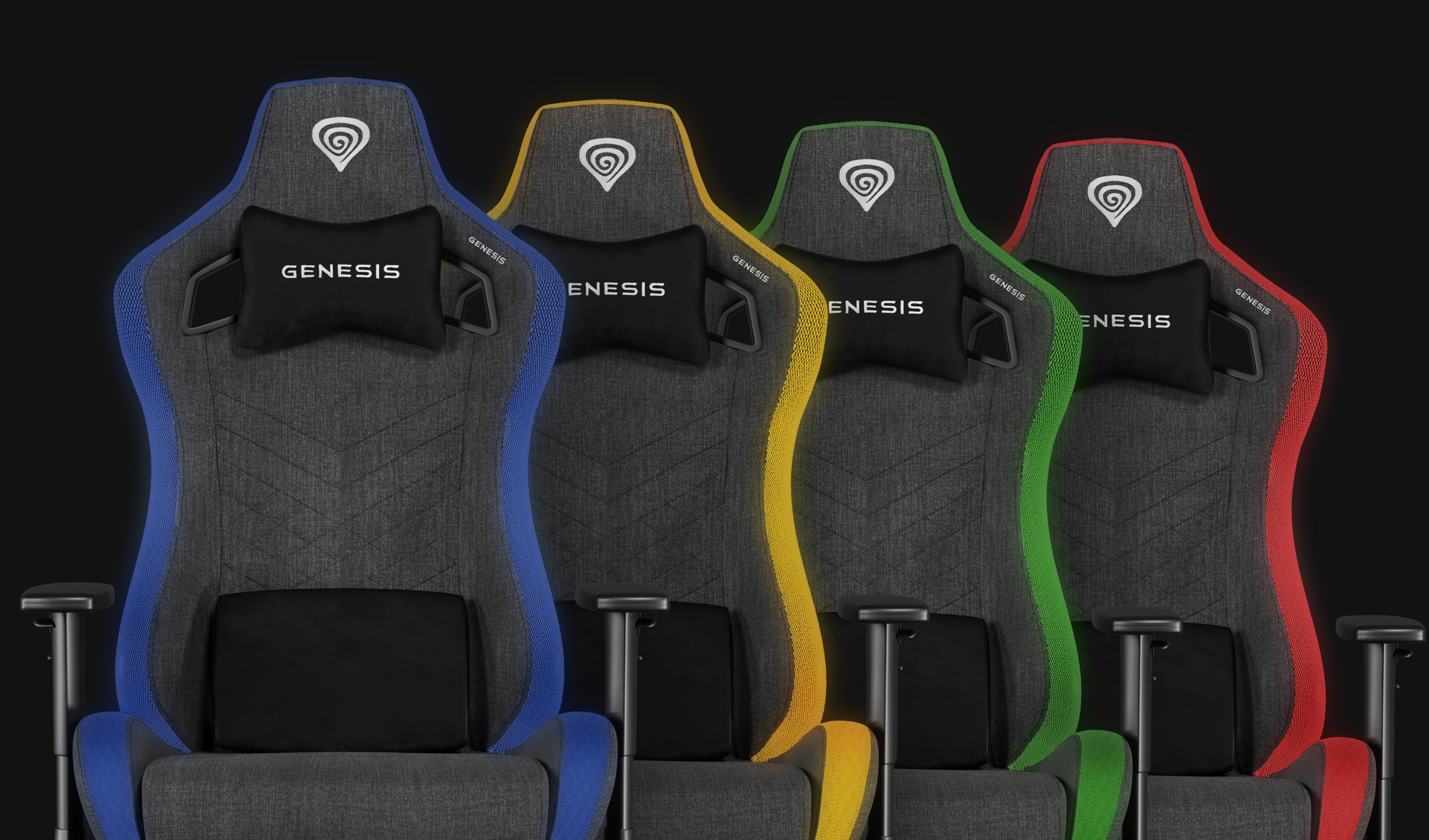 Cztery fotele gamingowe Genesis Trit 660 RGB w kolorze szarym z kolorowymi akcentami: niebieskim, żółtym, zielonym i czerwonym.