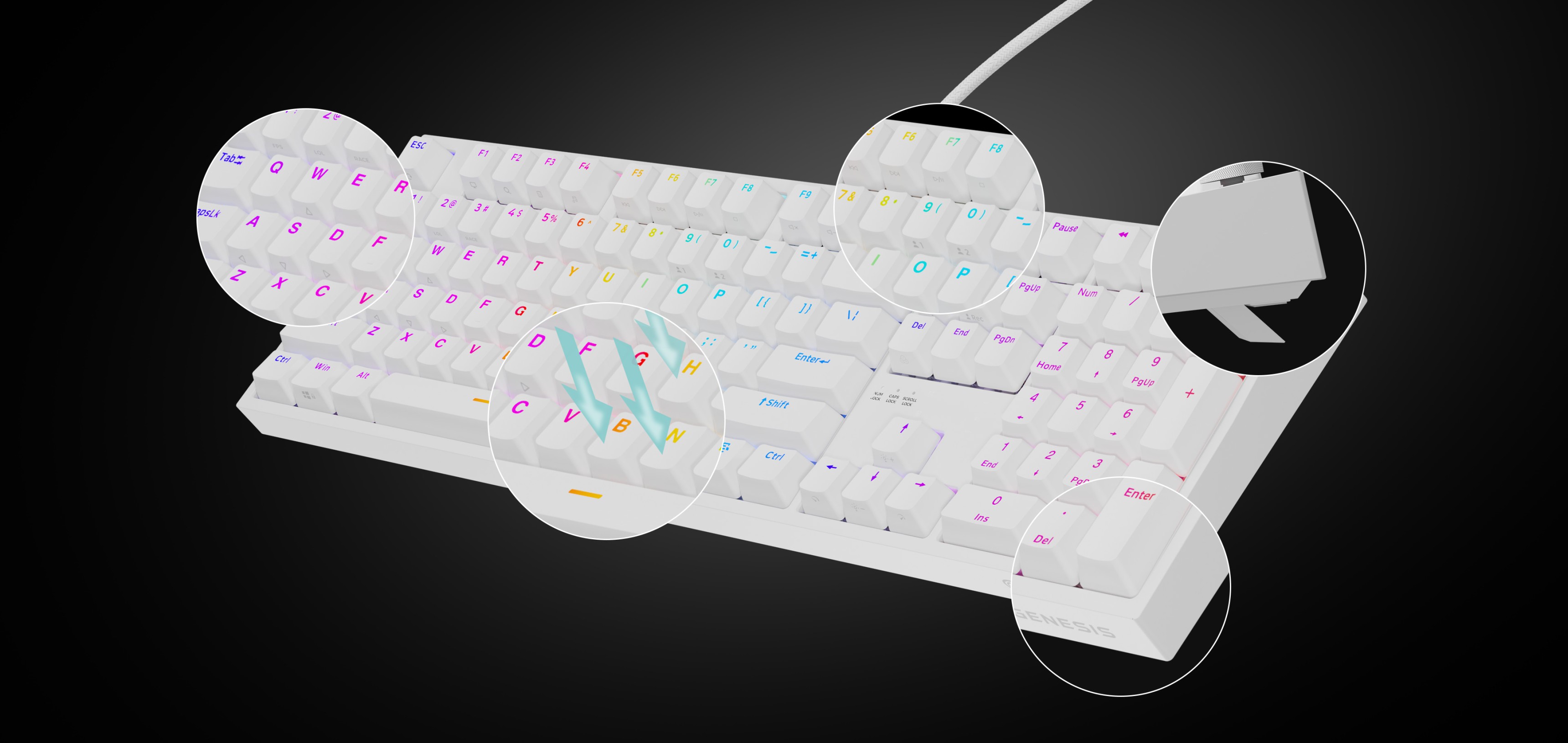 Biała mechaniczna klawiatura do gier z podświetleniem RGB, wyposażona w przełączniki Outemu Peach Silent i podświetlane klawisze