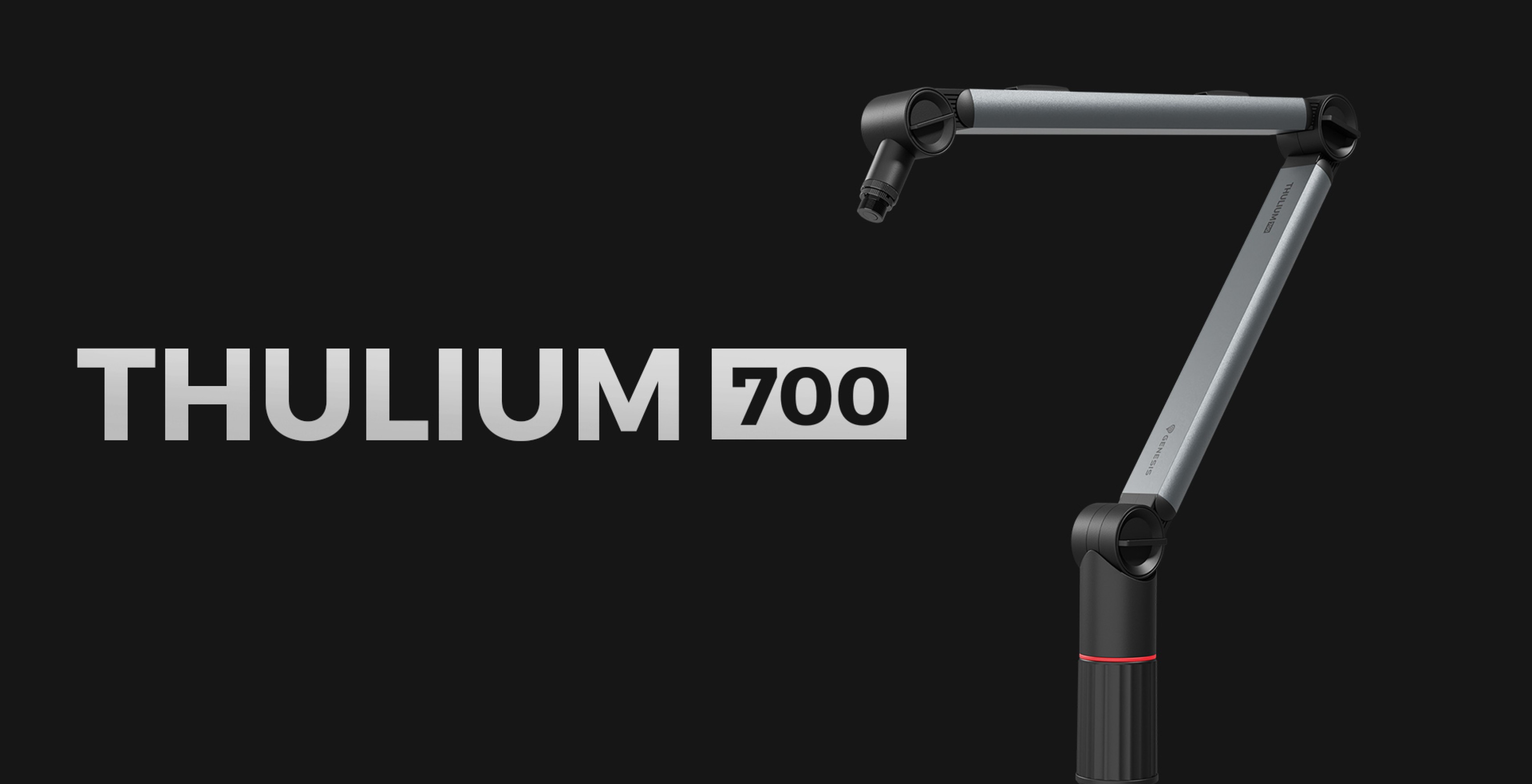 Ramię mikrofonu zaprojektowane dla Genesis Thulium 700, charakteryzujące się regulowaną i wytrzymałą konstrukcją na ciemnym tle