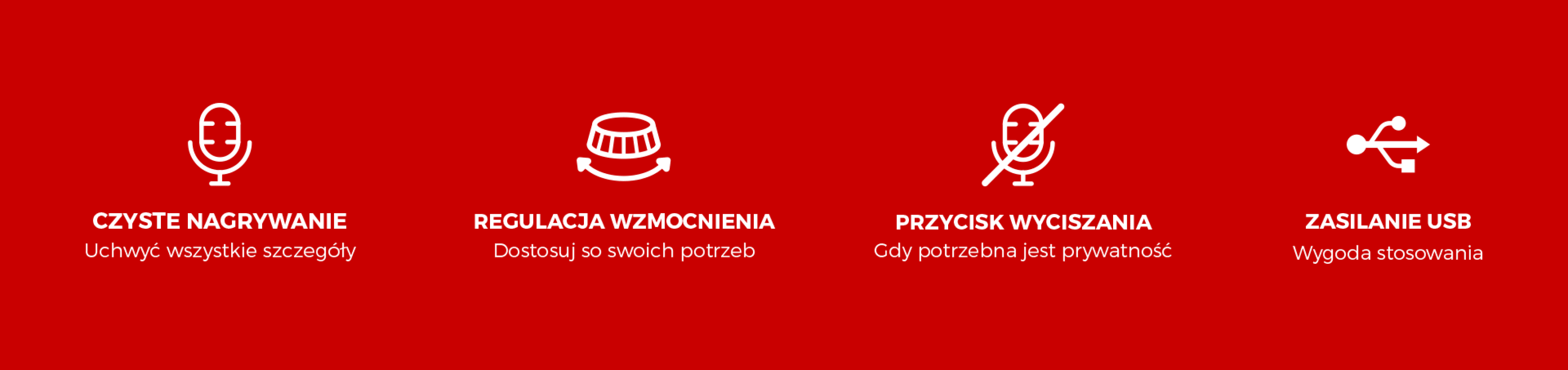 Cztery ikony na czerwonym tle reprezentujące funkcje mikrofonu dynamicznego Genesis Radium 350D USB: wyraźne nagrywanie, kontrola wzmocnienia, przycisk wyciszenia i zasilanie USB