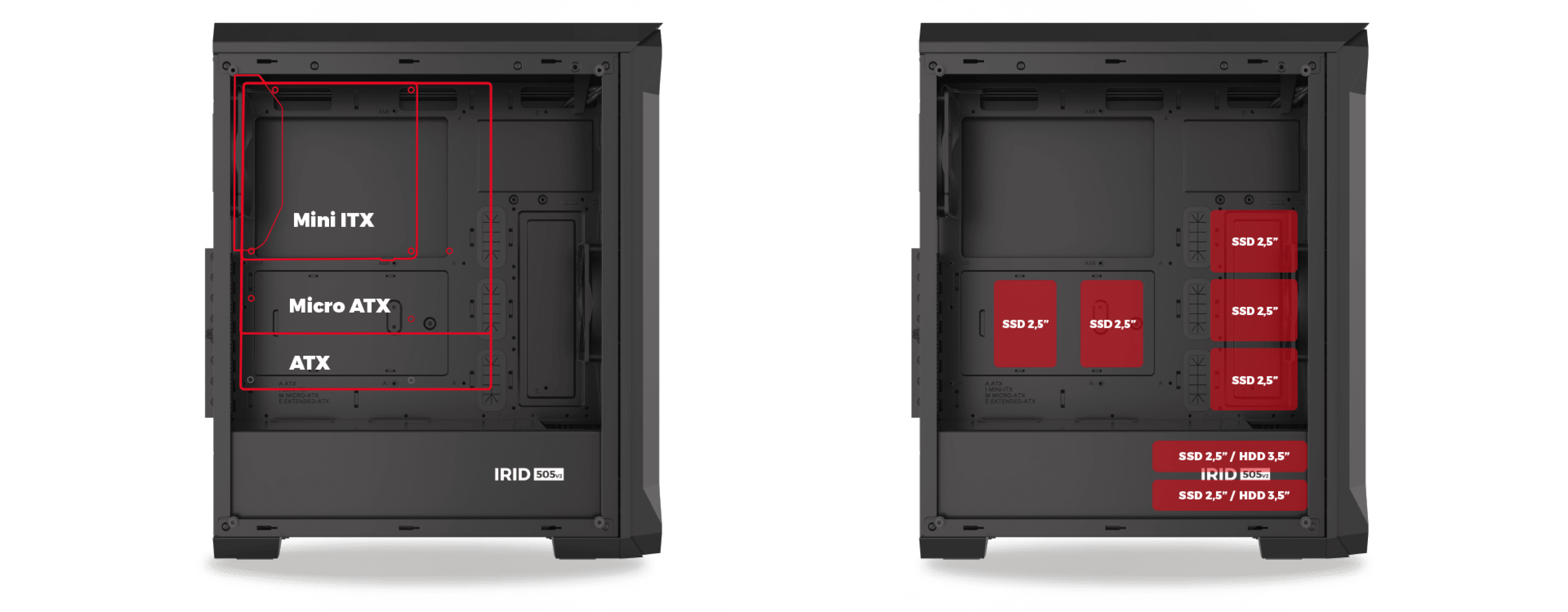 Czarna obudowa Genesis IRID 505 V2 MIDI typu tower z oknem, wyposażona w gniazda dla płyt głównych Mini ITX, Micro ATX i ATX.