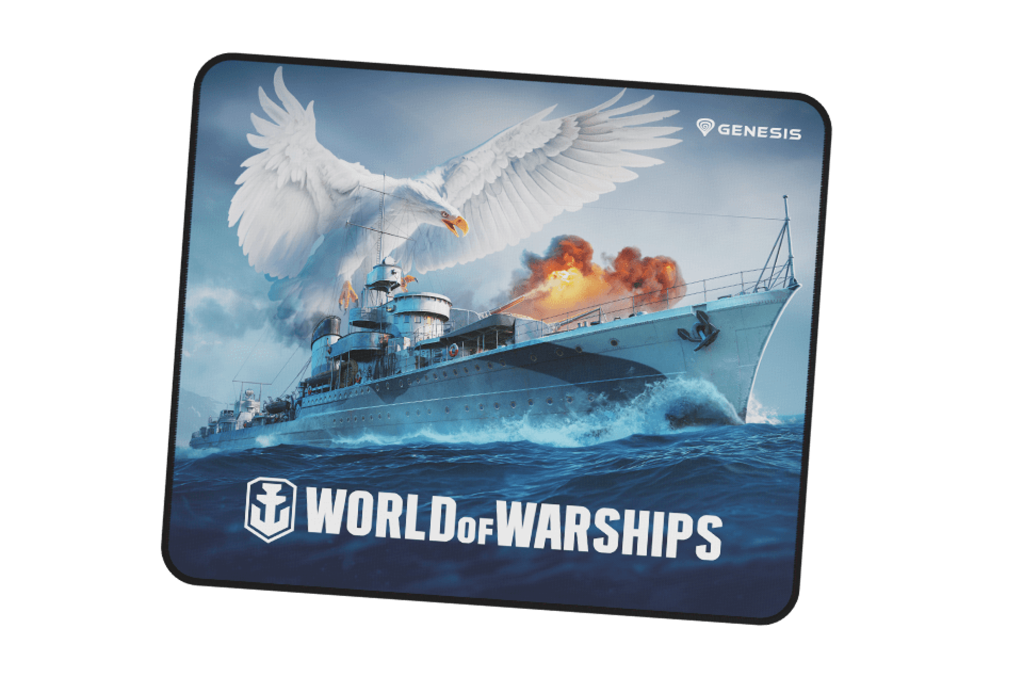 Podkładka pod mysz przedstawiająca szczegółową ilustrację atakowanego okrętu wojennego z dużym ptakiem nad nim oraz logo "World of Warships".