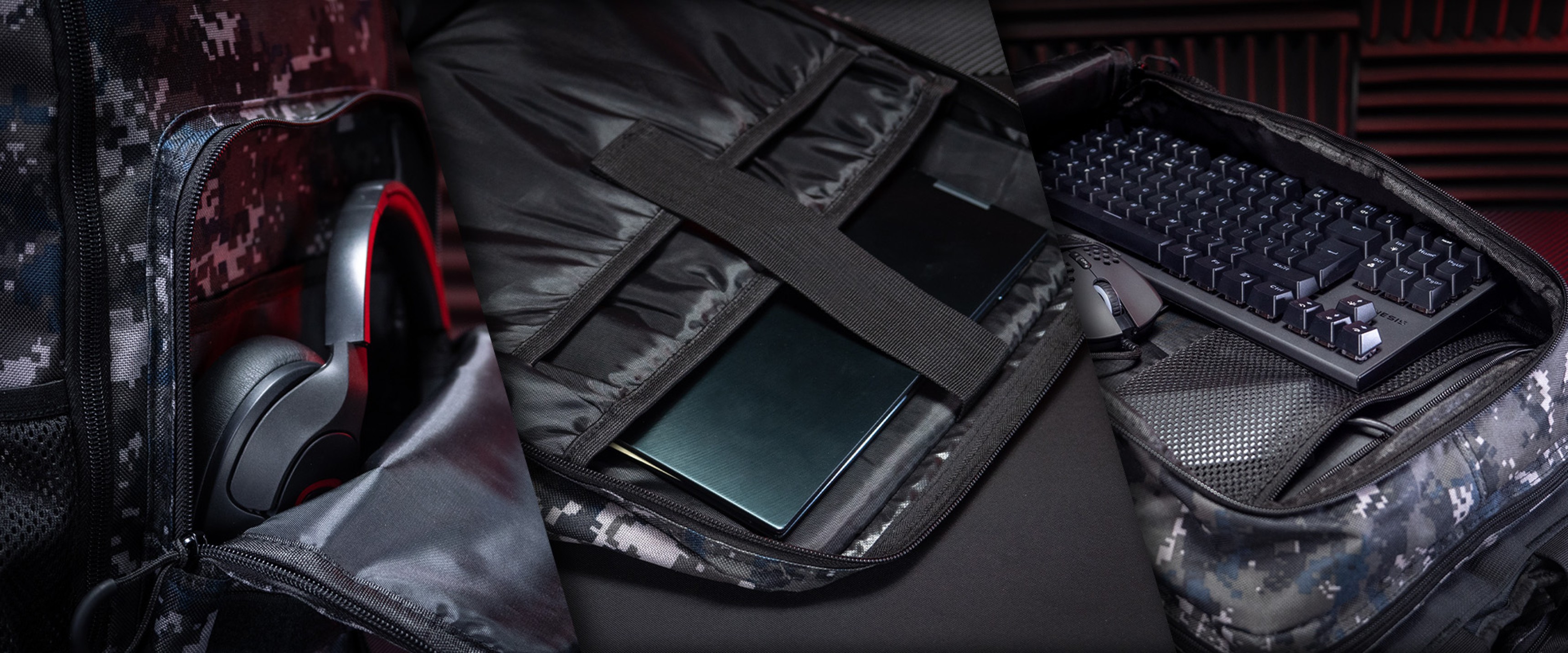 Wnętrze plecaka Genesis Pallad 450 Camo Lite z laptopem, klawiaturą i słuchawkami w uporządkowanych przegródkach