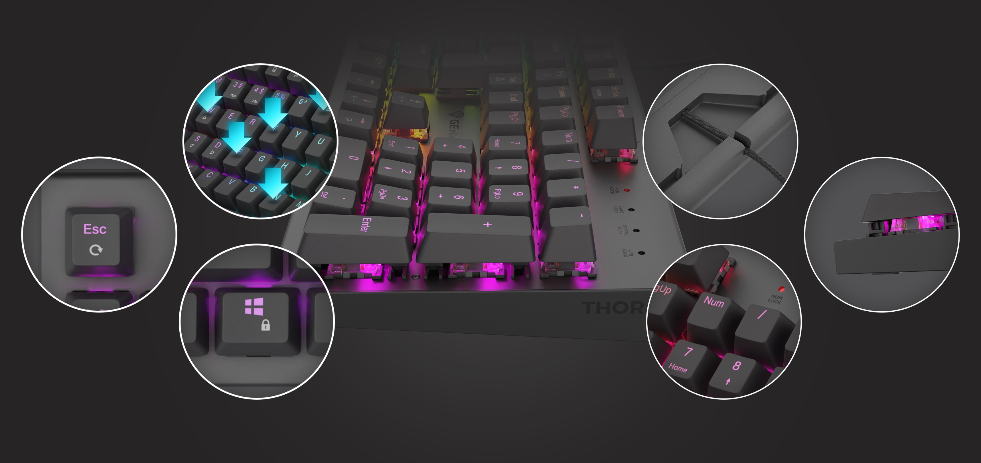 Zbliżenie mechanicznej klawiatury do gier Genesis Thor 303 z żywym podświetleniem RGB i wyróżniającymi się funkcjami, takimi jak przełączniki klawiszy i detale konstrukcyjne