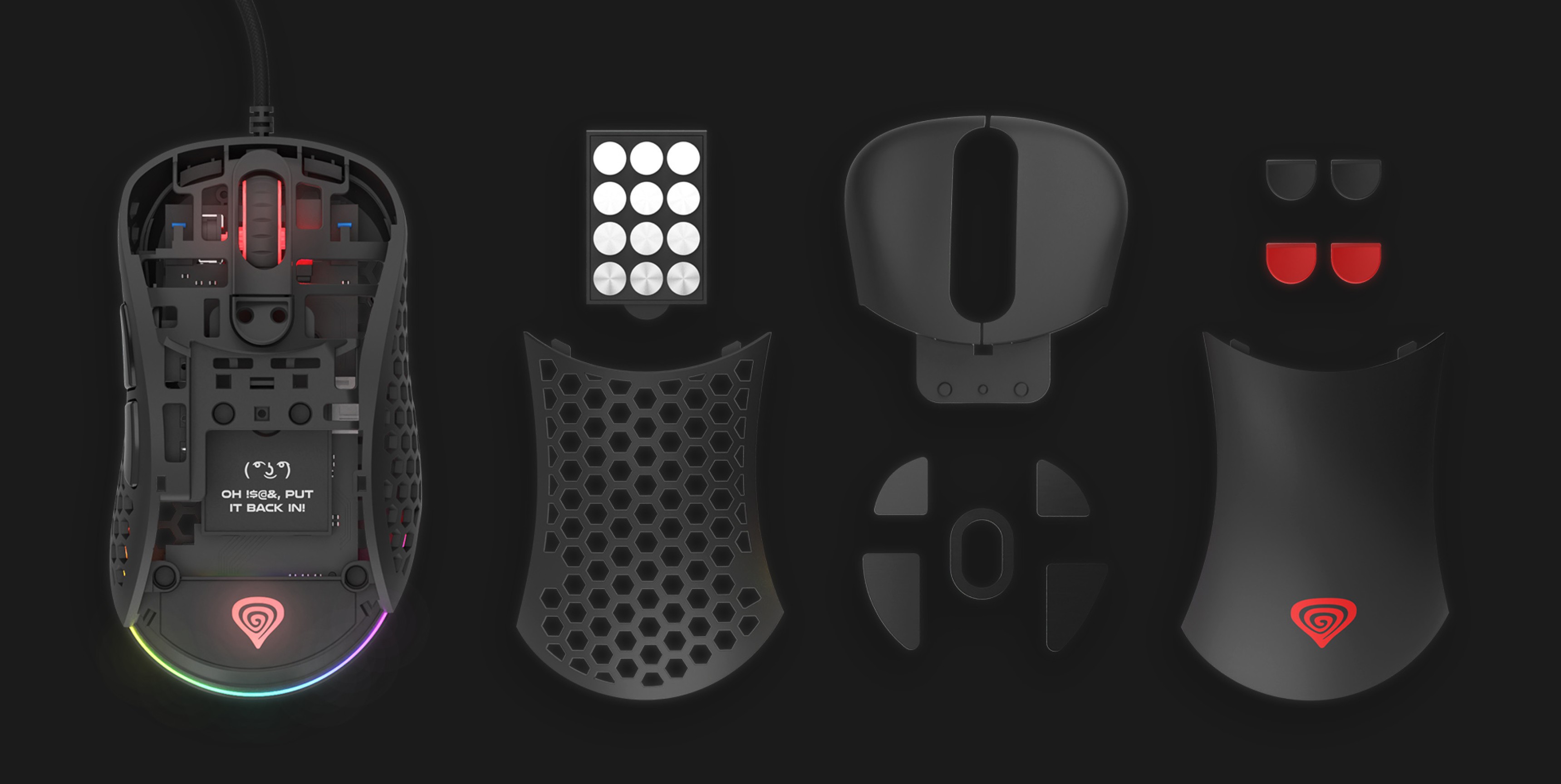 Mysz gamingowa z konfigurowalnymi elementami, wyposażona w podświetlenie RGB i precyzyjny sensor 16 000 DPI. Zawiera różne wymienne panele
