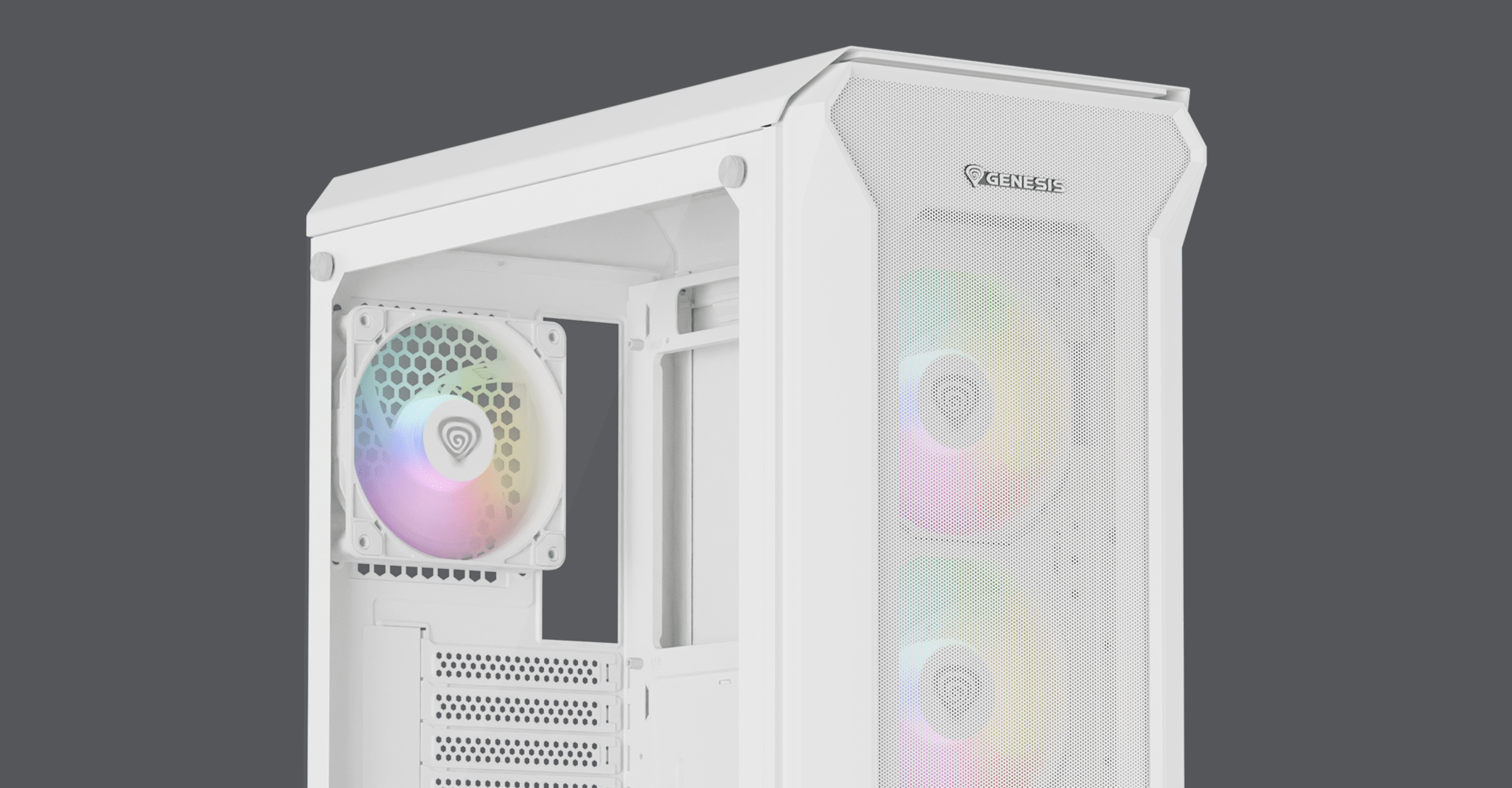 Biała obudowa Genesis IRID 505 ARGB V2 MIDI typu tower z przezroczystym oknem i wentylatorami RGB