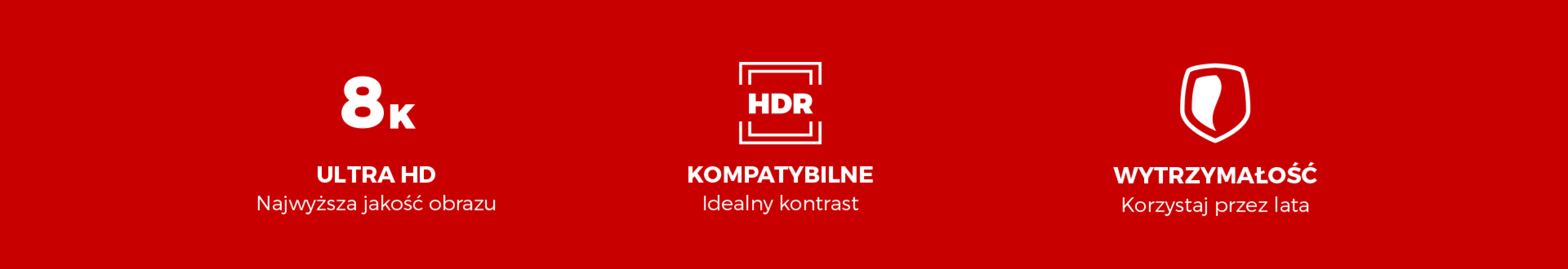Ikony podkreślające cechy kabla HDMI 8K: Ultra HD, zgodność z HDR i trwała konstrukcja