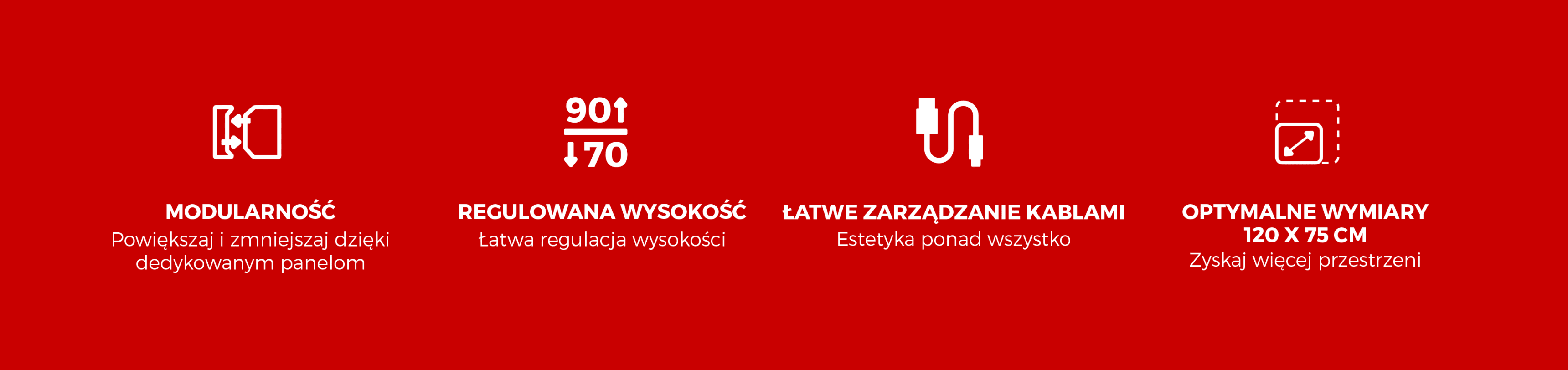 Specyfikacja biurka gamingowego Genesis Holm Modular 120, podkreślająca modułowość, możliwość regulacji, zarządzanie kablami i zoptymalizowane wymiary