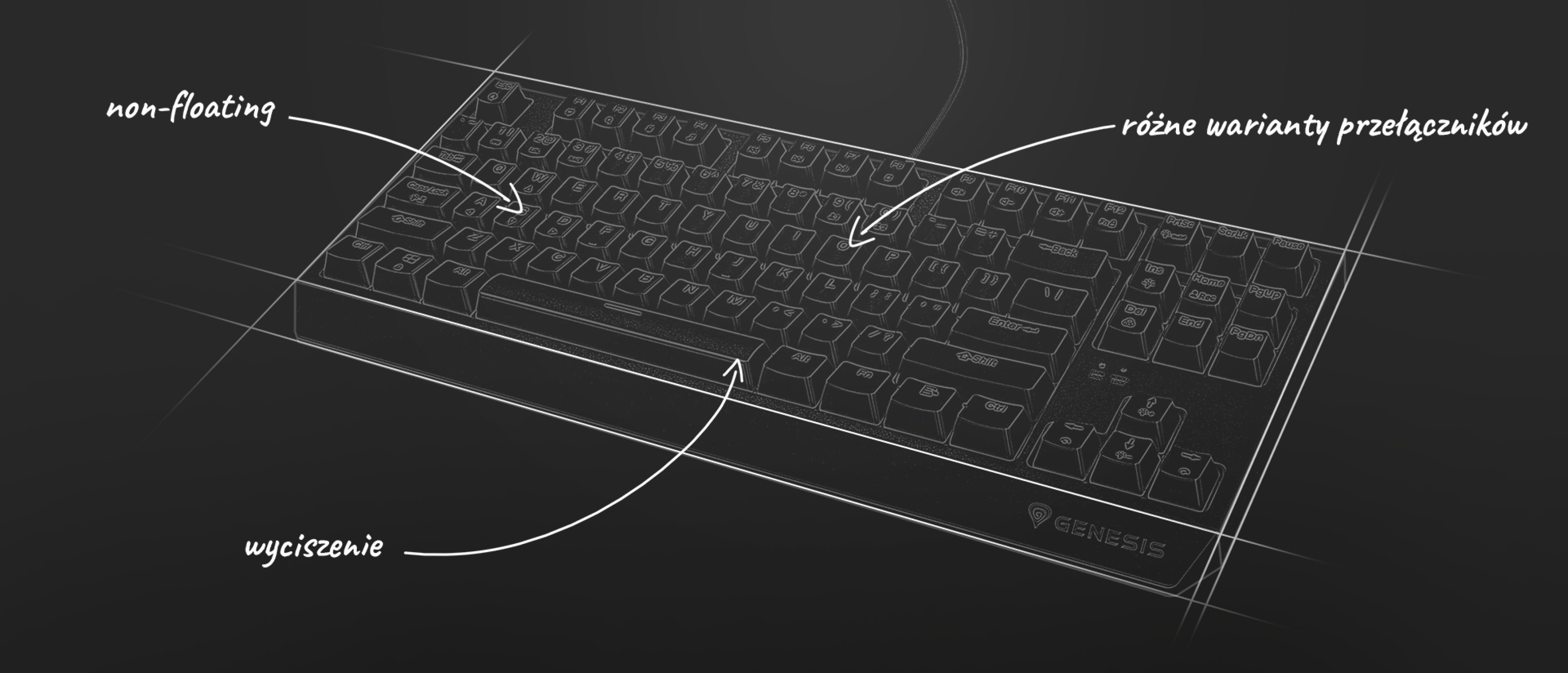 Ilustracja funkcji klawiatury mechanicznej Genesis Thor 230 TKL, podkreślająca niepływające klawisze i różne opcje przełączników