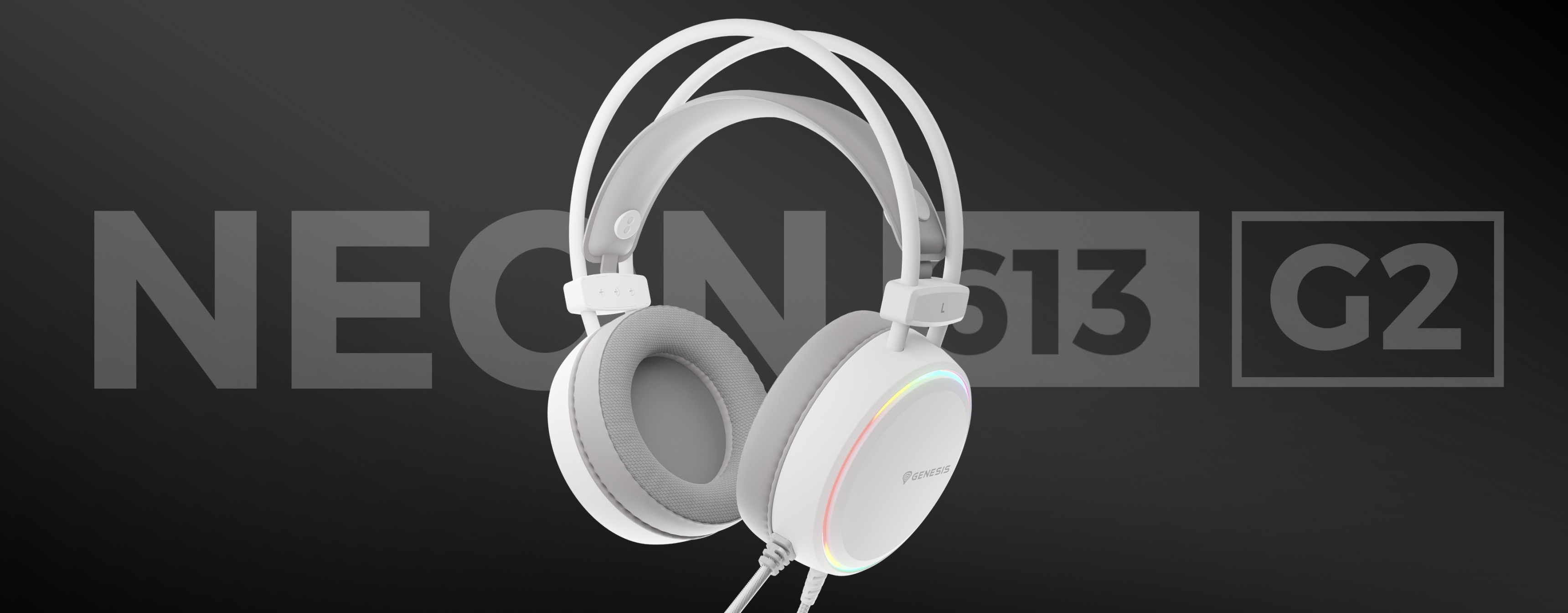 Białe słuchawki nauszne Genesis Neon 613 G2 RGB z mikrofonem i białym podświetleniem