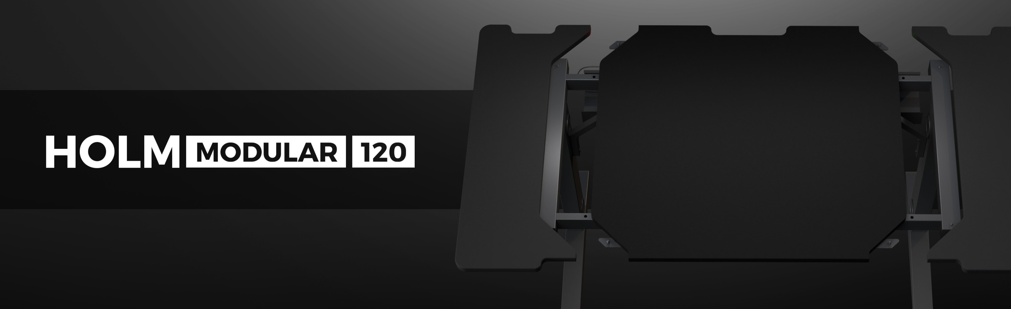 Modułowe biurko dla graczy o eleganckim czarnym designie, oznaczone jako "HOLM MODULAR 120", prezentujące swoją nowoczesną i funkcjonalną strukturę.