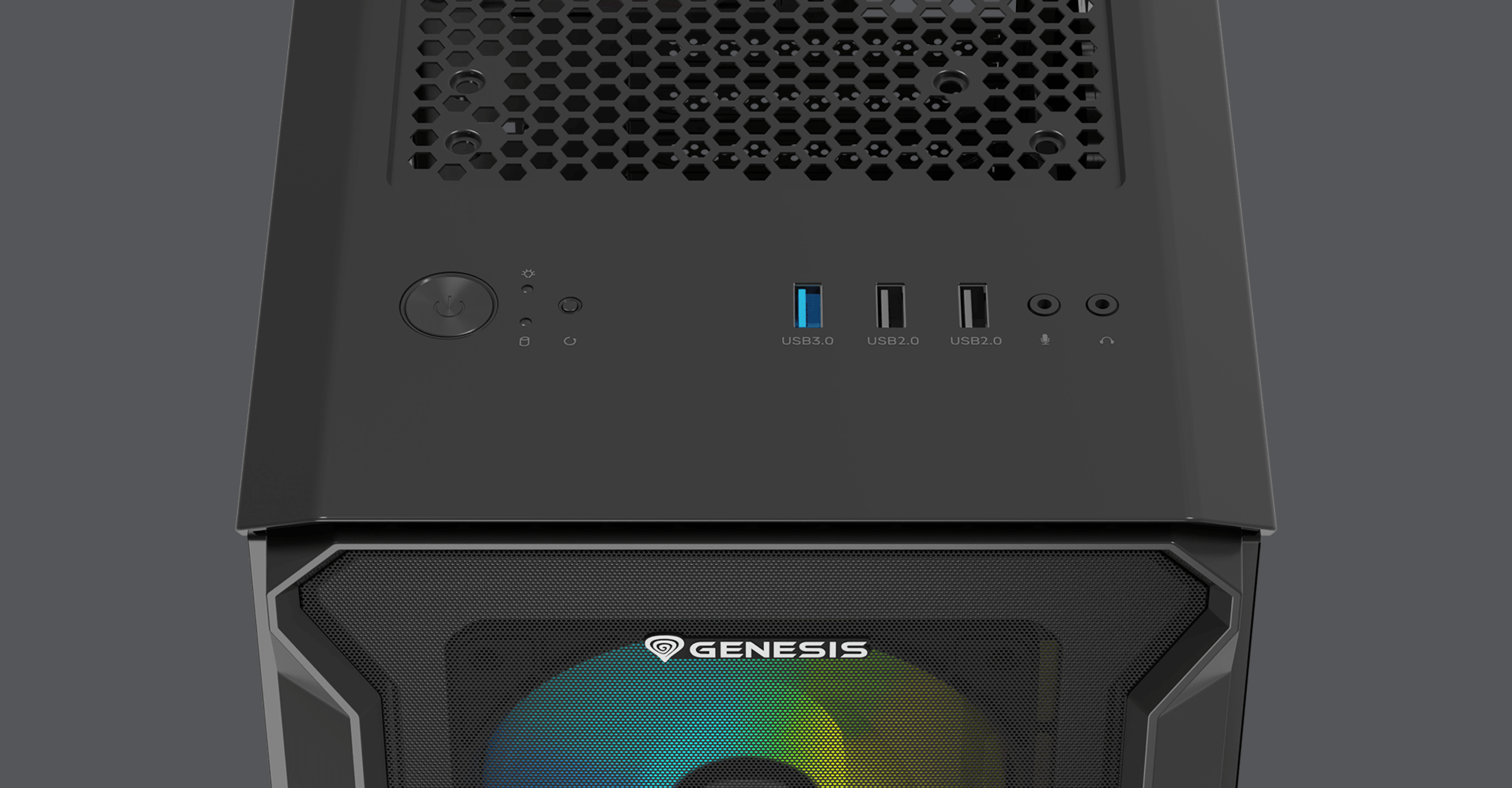 Czarna obudowa Genesis Irid 503 ARGB V2 MATX typu mini tower z przezroczystym oknem i wieloma portami I/O z przodu
