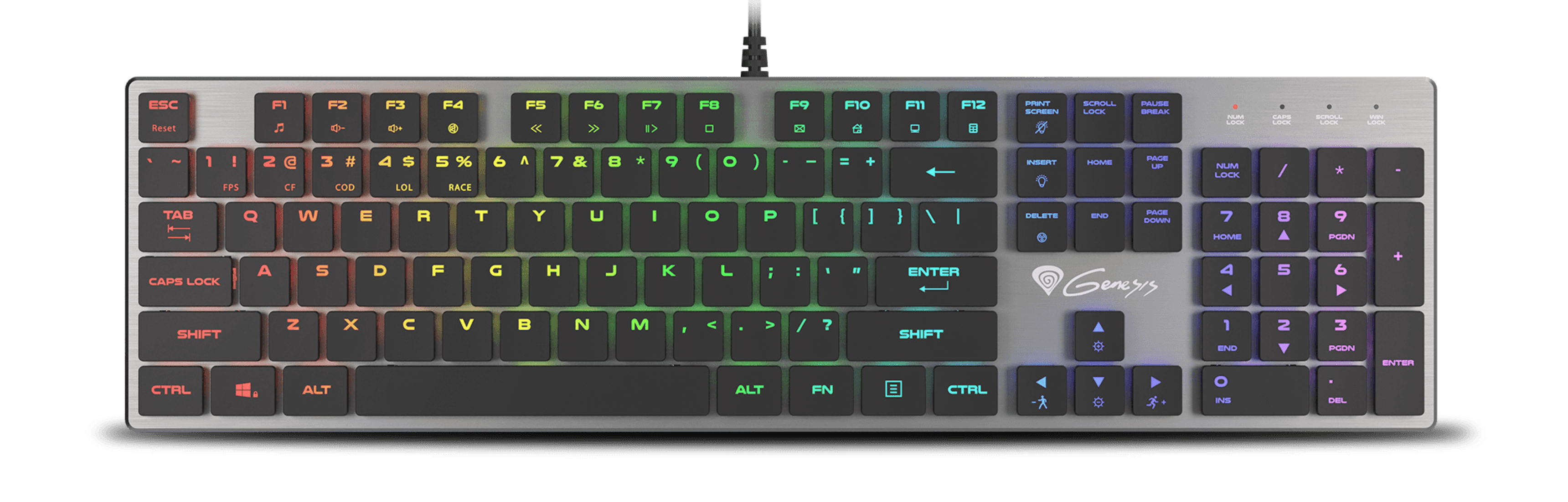Mechaniczna klawiatura do gier z podświetleniem RGB, niebieskimi przełącznikami i smukłą konstrukcją