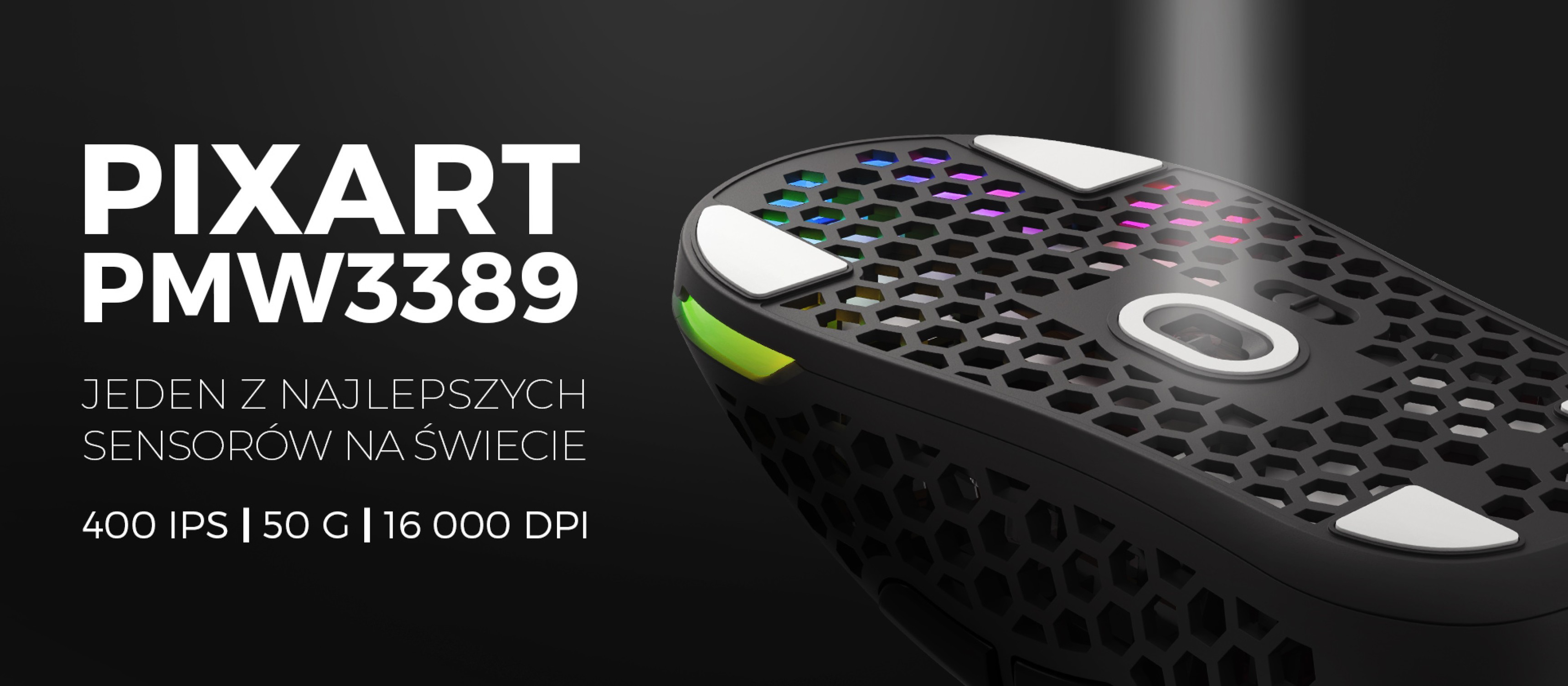 Mysz dla graczy z podświetleniem RGB i sensorem PMW3389, charakteryzująca się lekką konstrukcją i czułością 16 000 DPI.