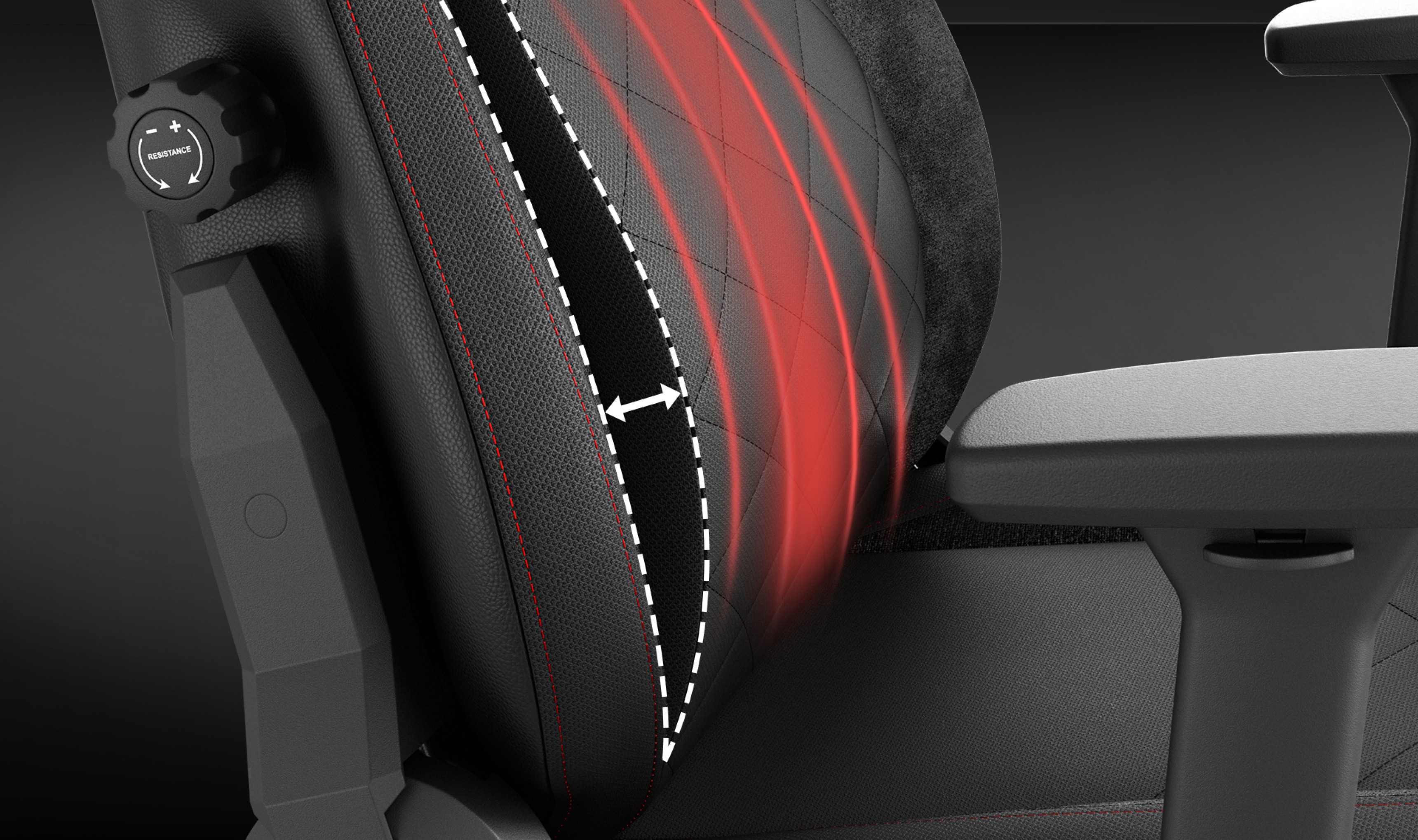 Zbliżenie na fotel gamingowy Genesis Nitro 890 G2, podkreślające jego czarno-czerwoną ergonomiczną konstrukcję ze szczegółowymi przeszyciami