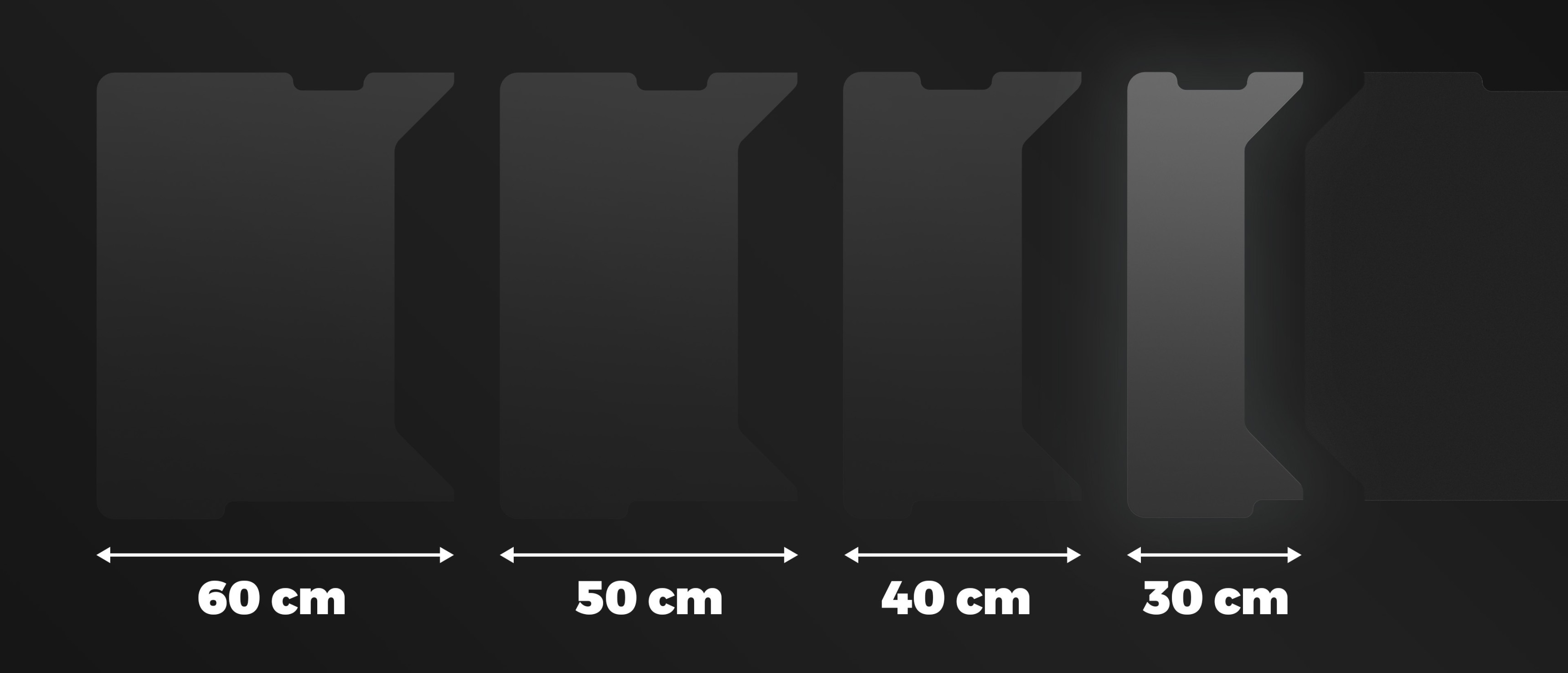 Panel boczny do biurka modułowego Genesis Holm, mierzący 30 cm, prezentowany wraz z innymi opcjami rozmiarów: 60 cm, 50 cm i 40 cm