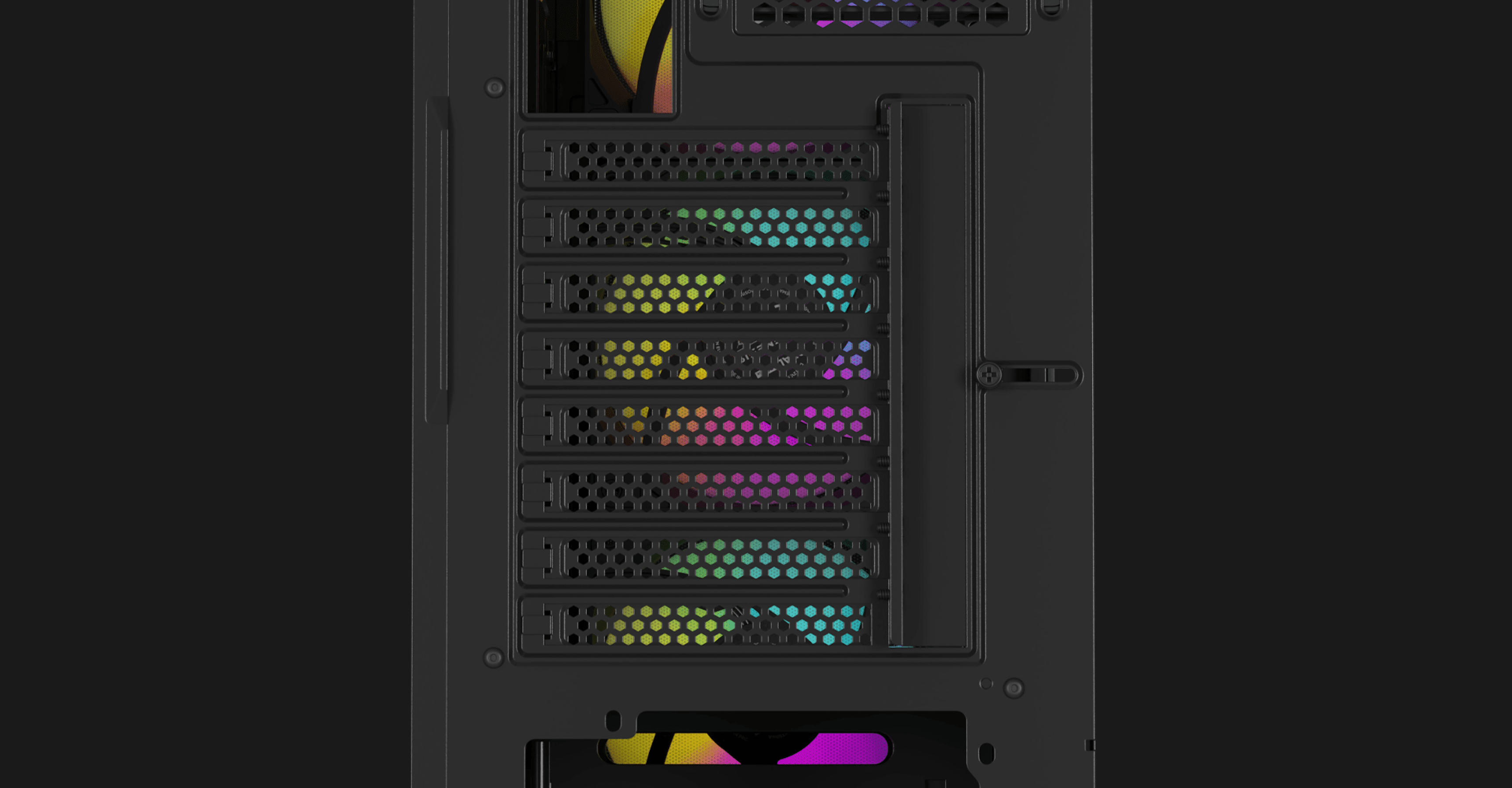 Czarna obudowa PC typu mid-tower z wyświetlaczem RGB i wieloma gniazdami rozszerzeń. Posiada panel boczny z oknem