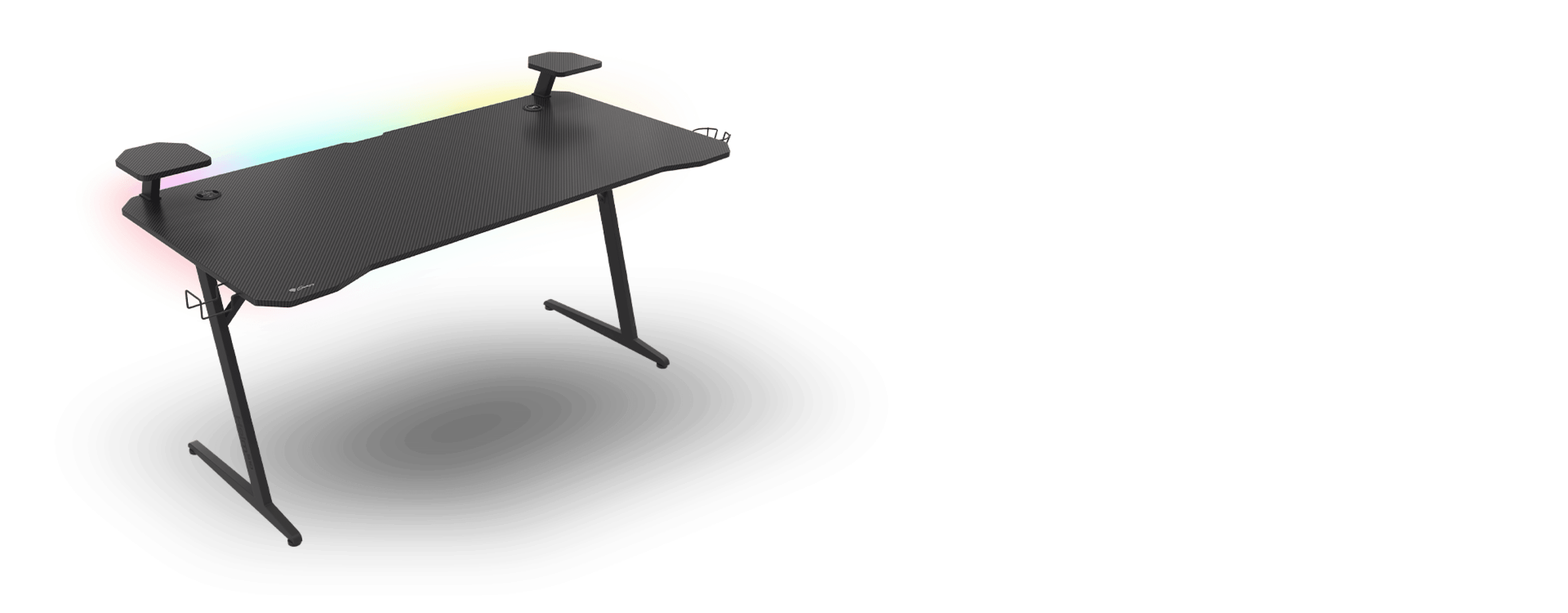 Stylowe biurko dla graczy z oświetleniem RGB o wymiarach 160 x 75 cm, wyposażone w dwa regulowane podłokietniki i eleganckie czarne wykończenie.
