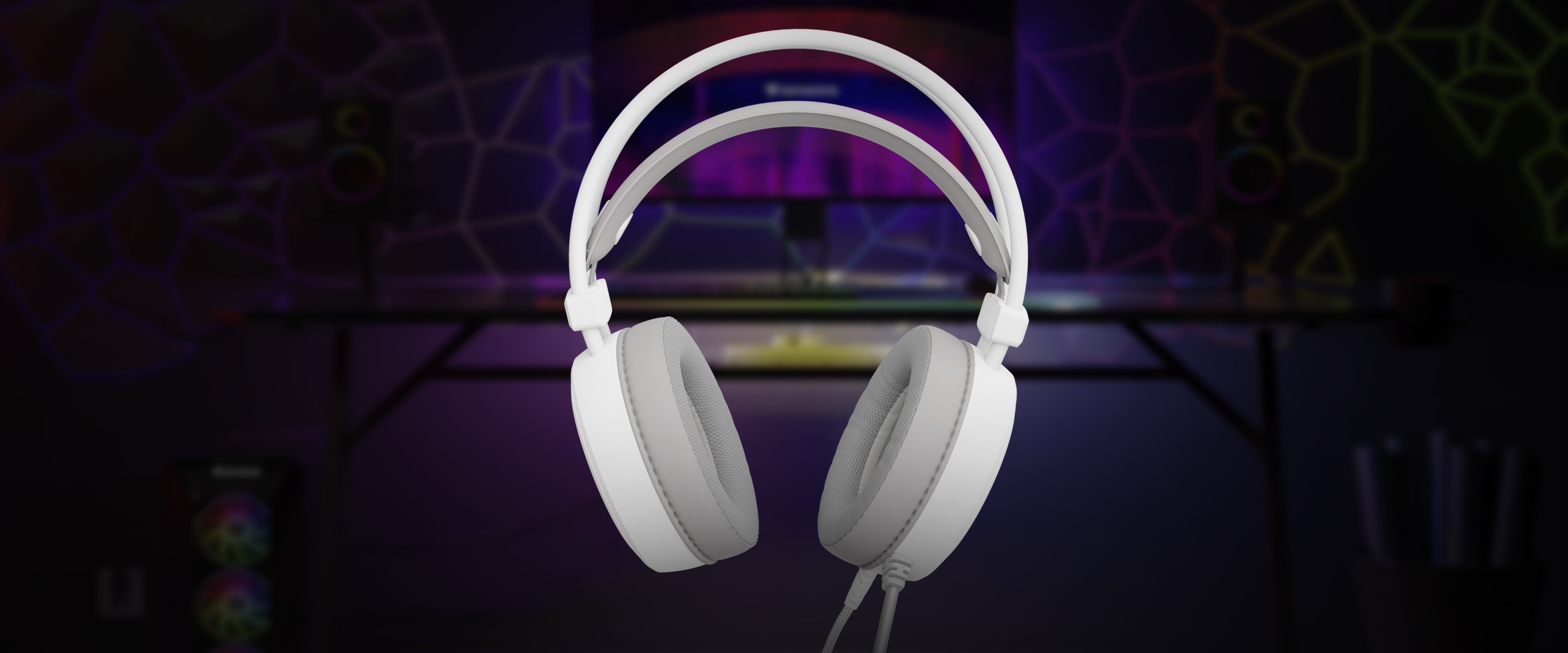 Białe słuchawki nauszne Genesis Neon 613 G2 RGB z mikrofonem i białym podświetleniem na kolorowym tle.