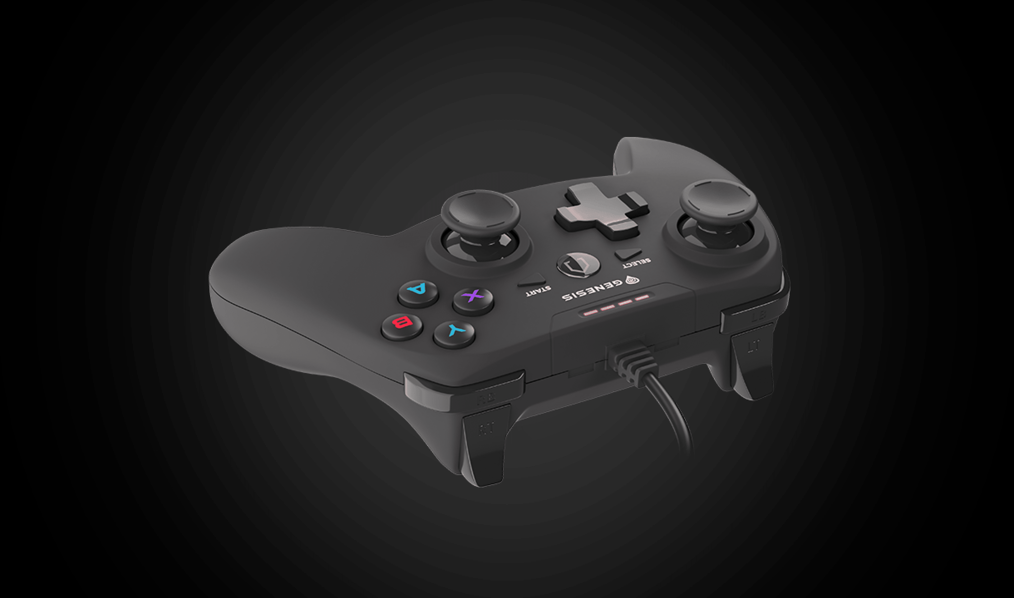 Przewodowy gamepad Genesis Mangan P58 do PS3/PC, wyposażony w dwa drążki analogowe, przyciski akcji i czarną, ergonomiczną konstrukcję.