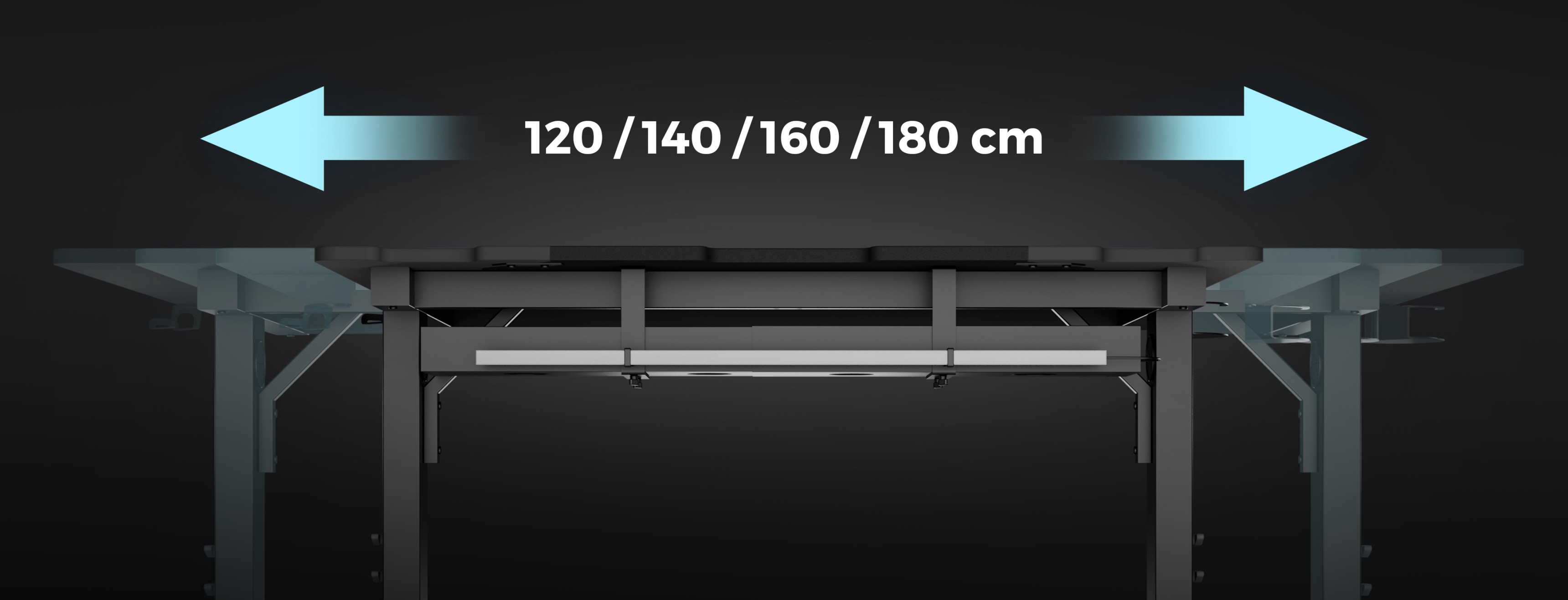 Modułowe biurko do gier z możliwością regulacji szerokości w zakresie 120, 140, 160 lub 180 cm, wyposażone w solidną ramę i elegancki design.