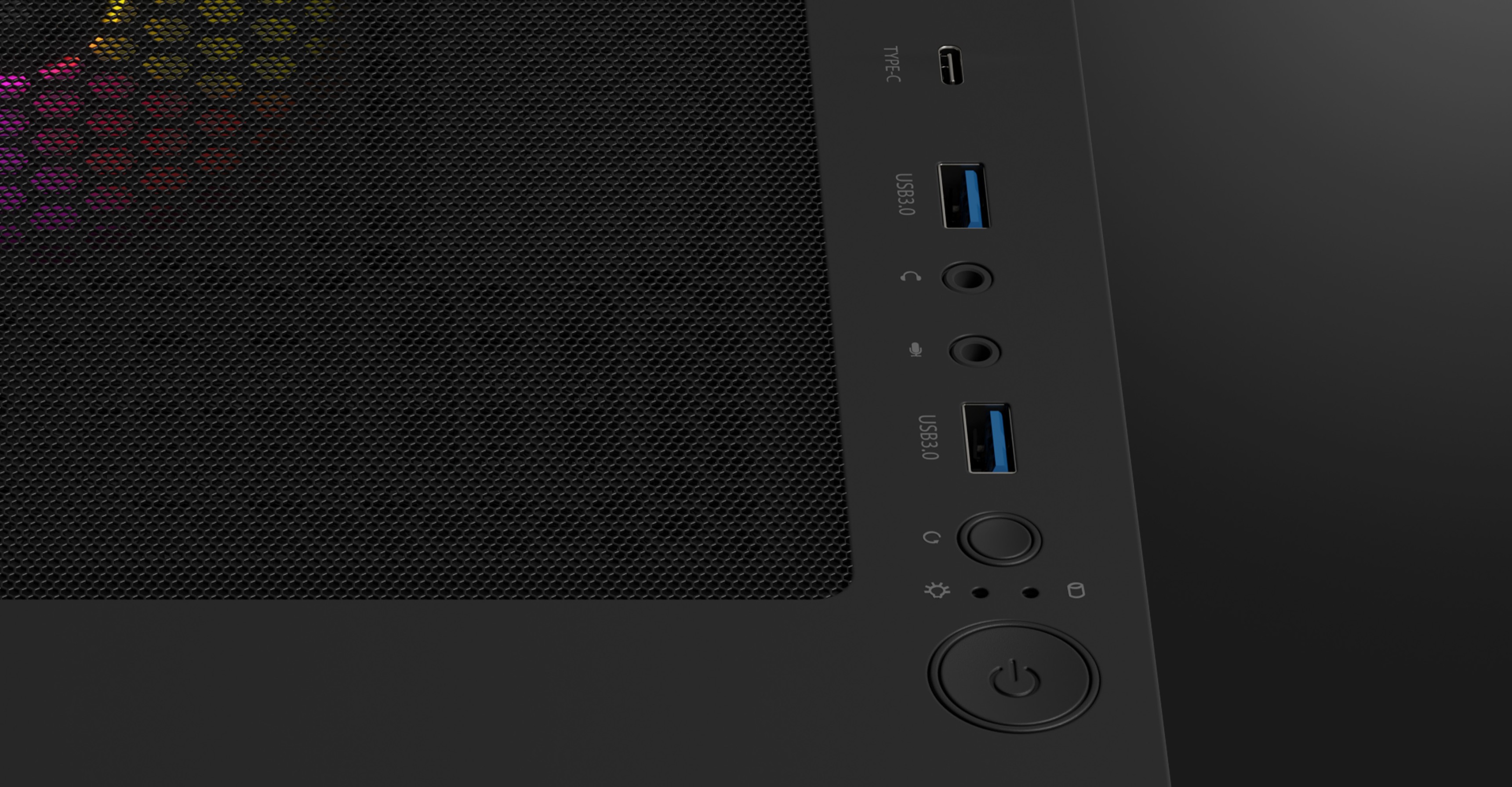 Czarna obudowa komputerowa typu tower z wentylatorem RGB, portami USB i elementami sterującymi audio na panelu przednim