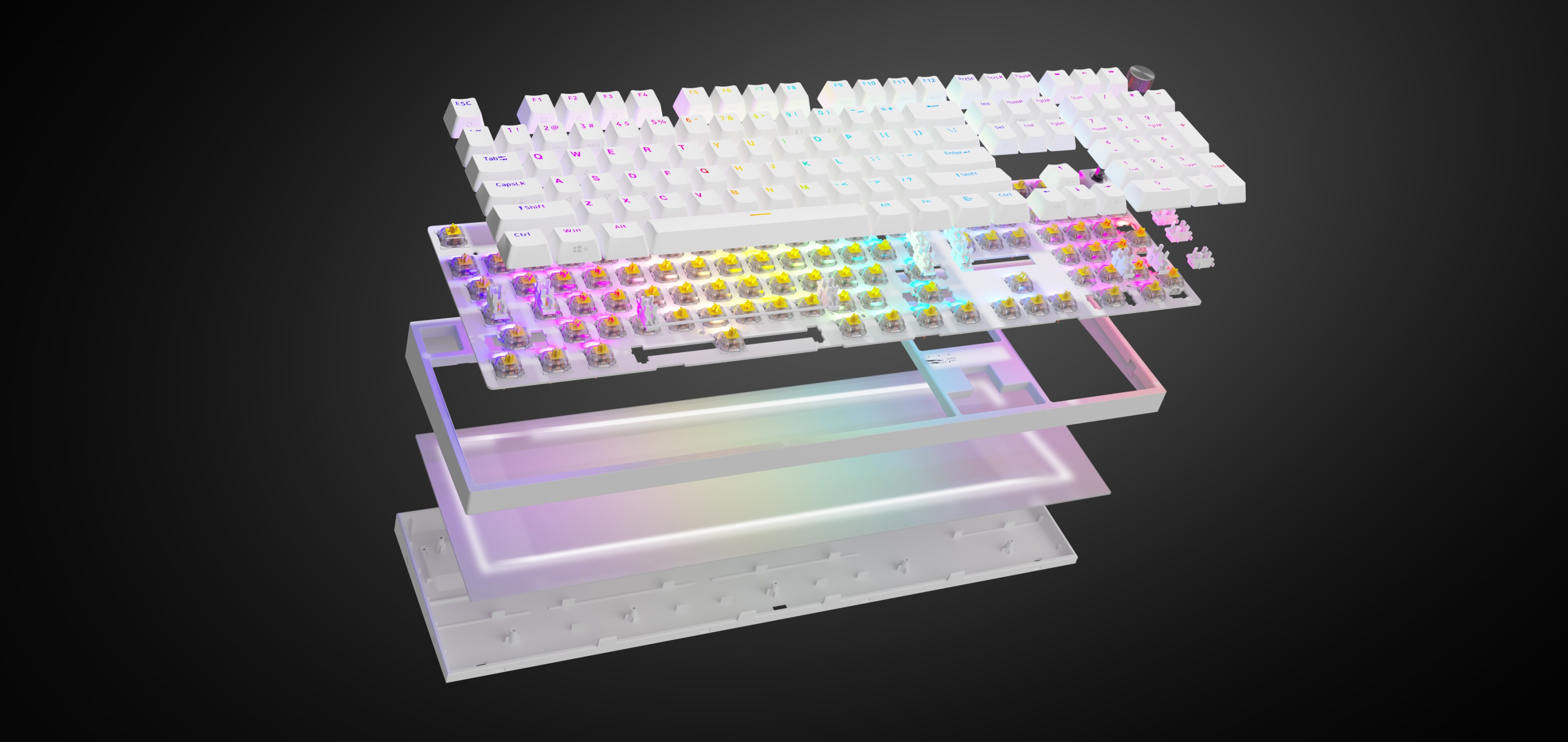 Mechaniczna klawiatura do gier z podświetleniem RGB, wyposażona w białe przełączniki Gateron Yellow Pro i przezroczystą warstwową konstrukcję