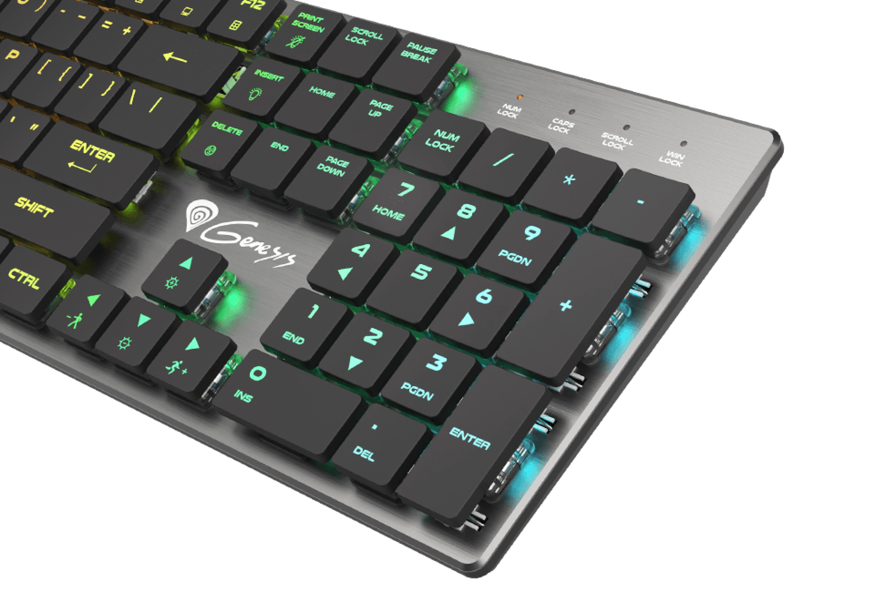 Kompaktowa klawiatura gamingowa z podświetleniem RGB i niebieskimi przełącznikami mechanicznymi. Posiada konfigurowalne podświetlane klawisze i elegancki wygląd