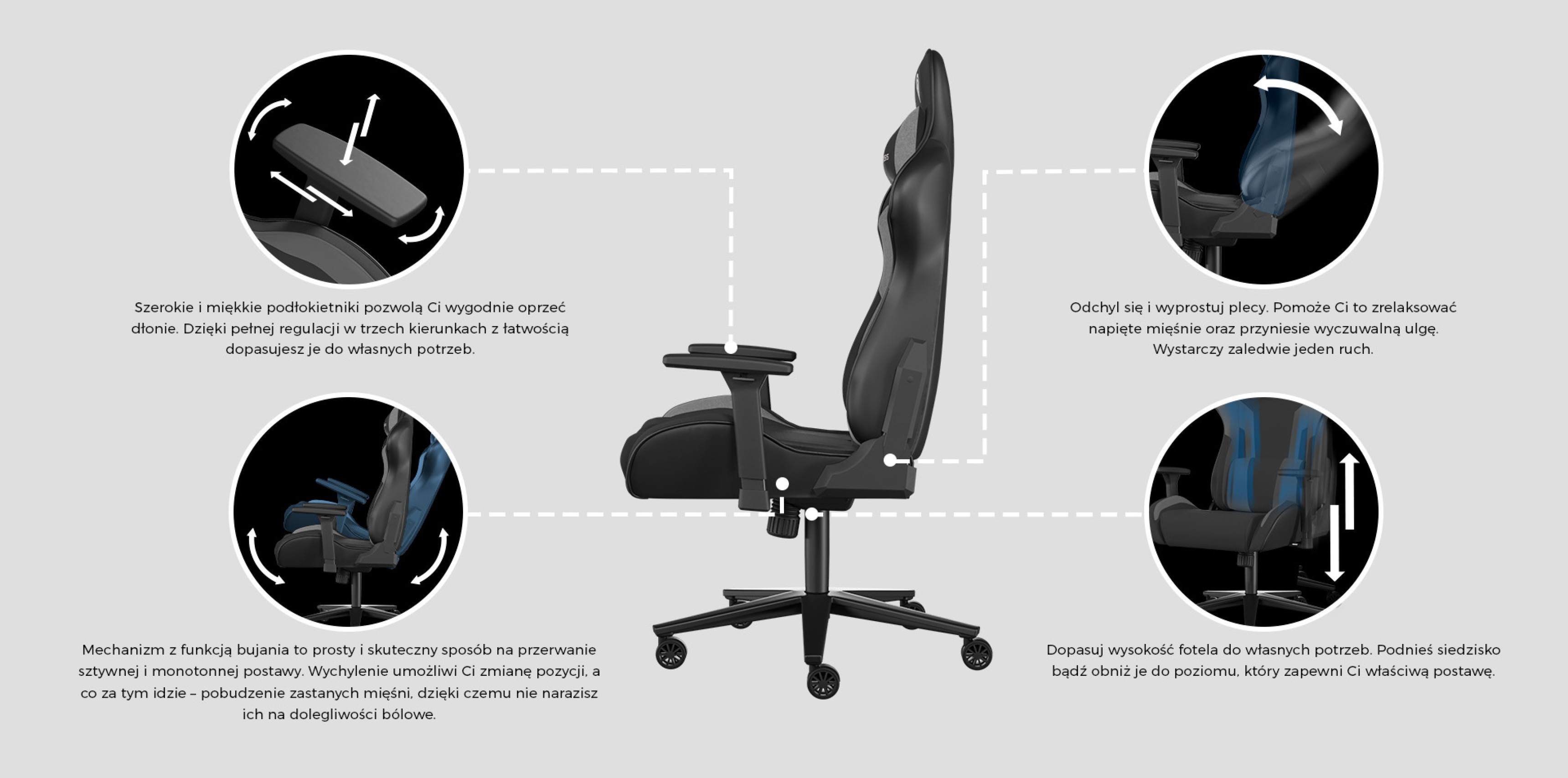 Czarno-szary fotel gamingowy Genesis Nitro 720 pokazany z boku, podkreślający regulowane funkcje i ergonomiczną konstrukcję