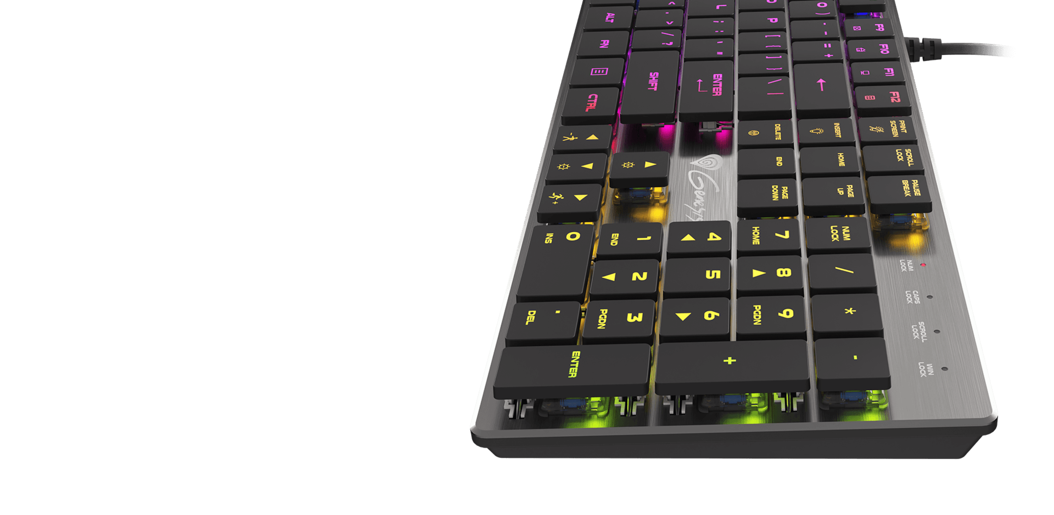 Mechaniczna klawiatura do gier z podświetleniem RGB, charakteryzująca się smukłą konstrukcją i niebieskimi przełącznikami. Klawisze podświetlane w różnych kolorach