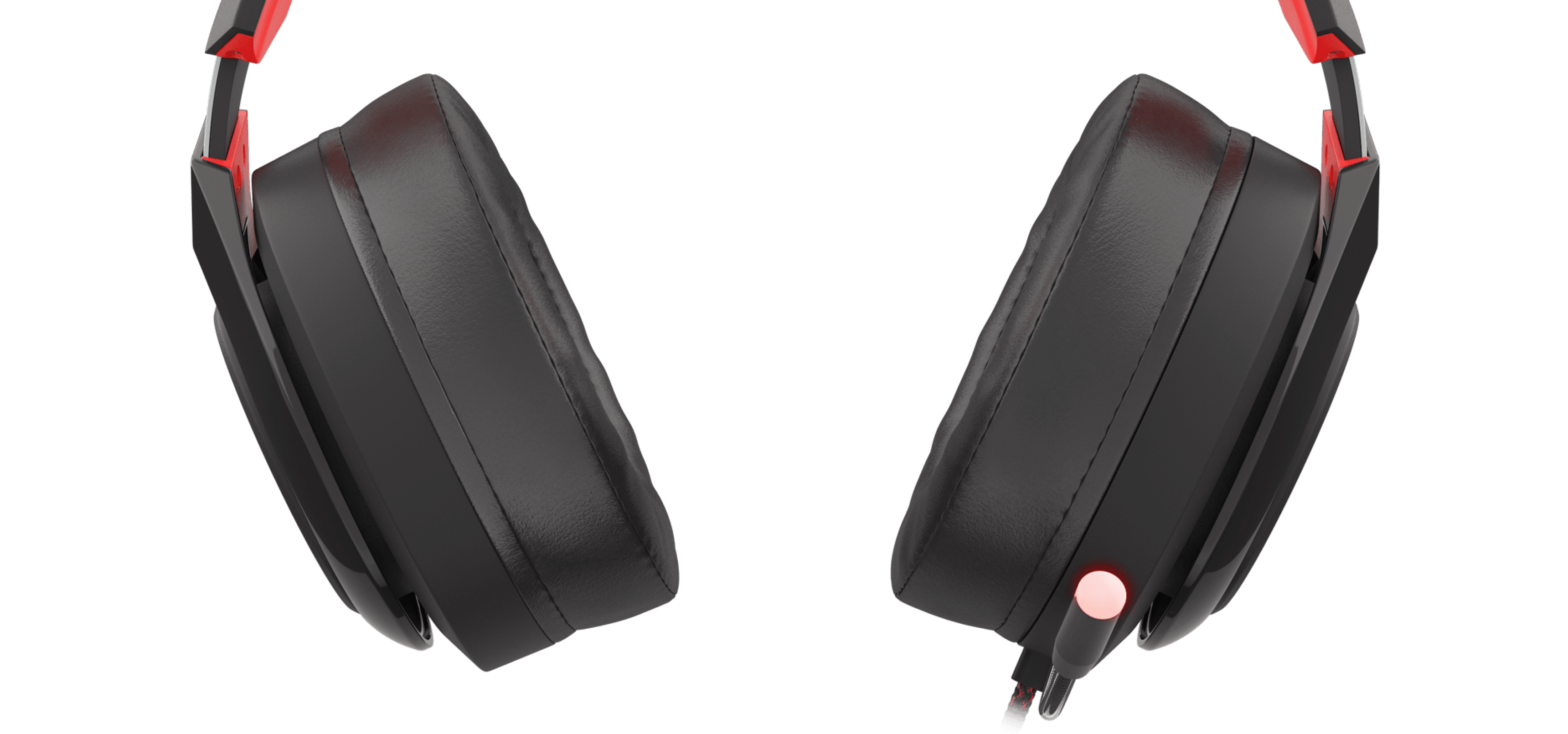Czarno-czerwone słuchawki Genesis Radon 610 ze złączem USB, wyposażone w konstrukcję nauszną i mikrofon.