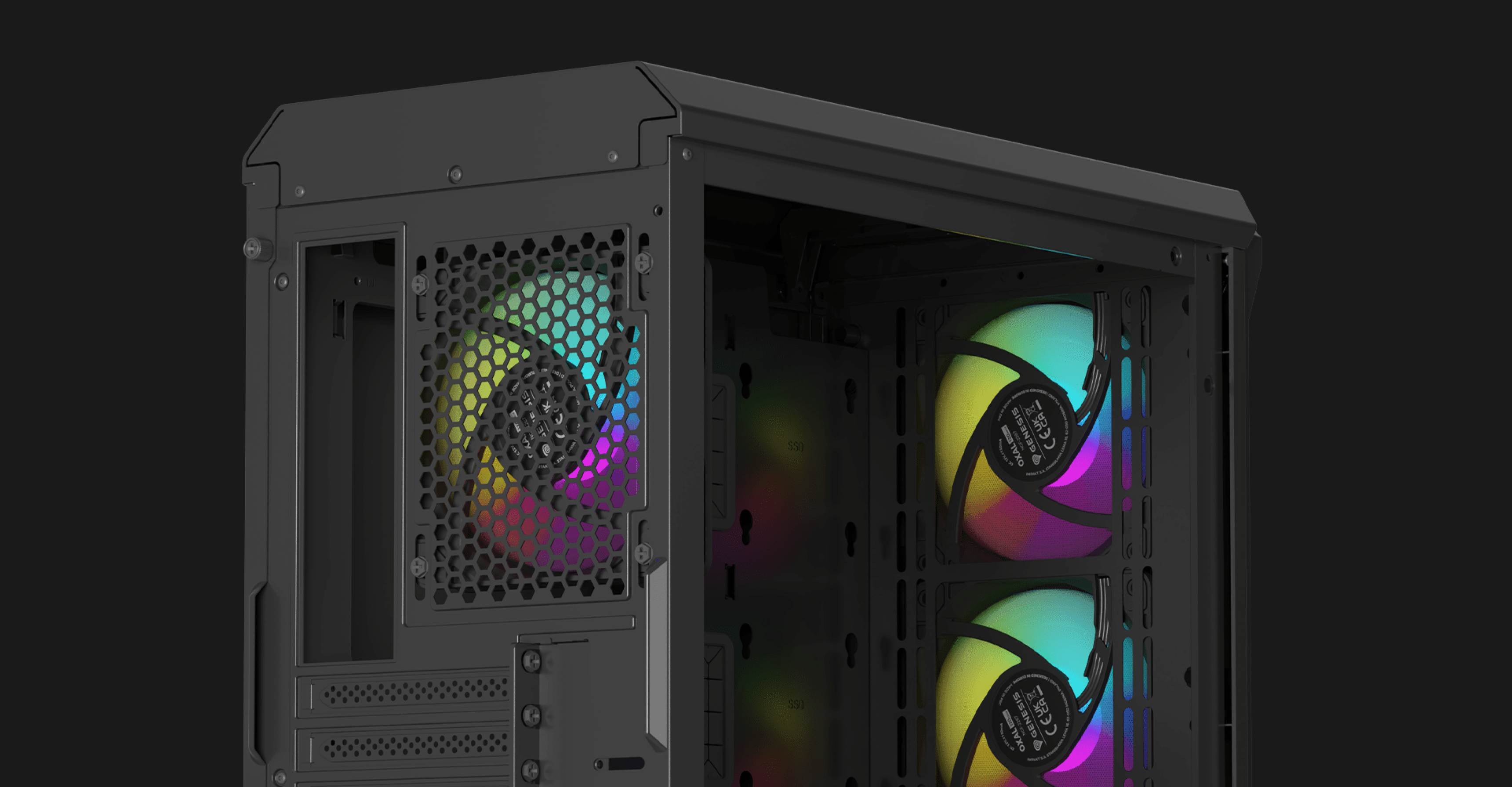Czarna obudowa MATX typu mini tower z bocznym oknem, wyposażona w wentylatory RGB zapewniające żywe oświetlenie.