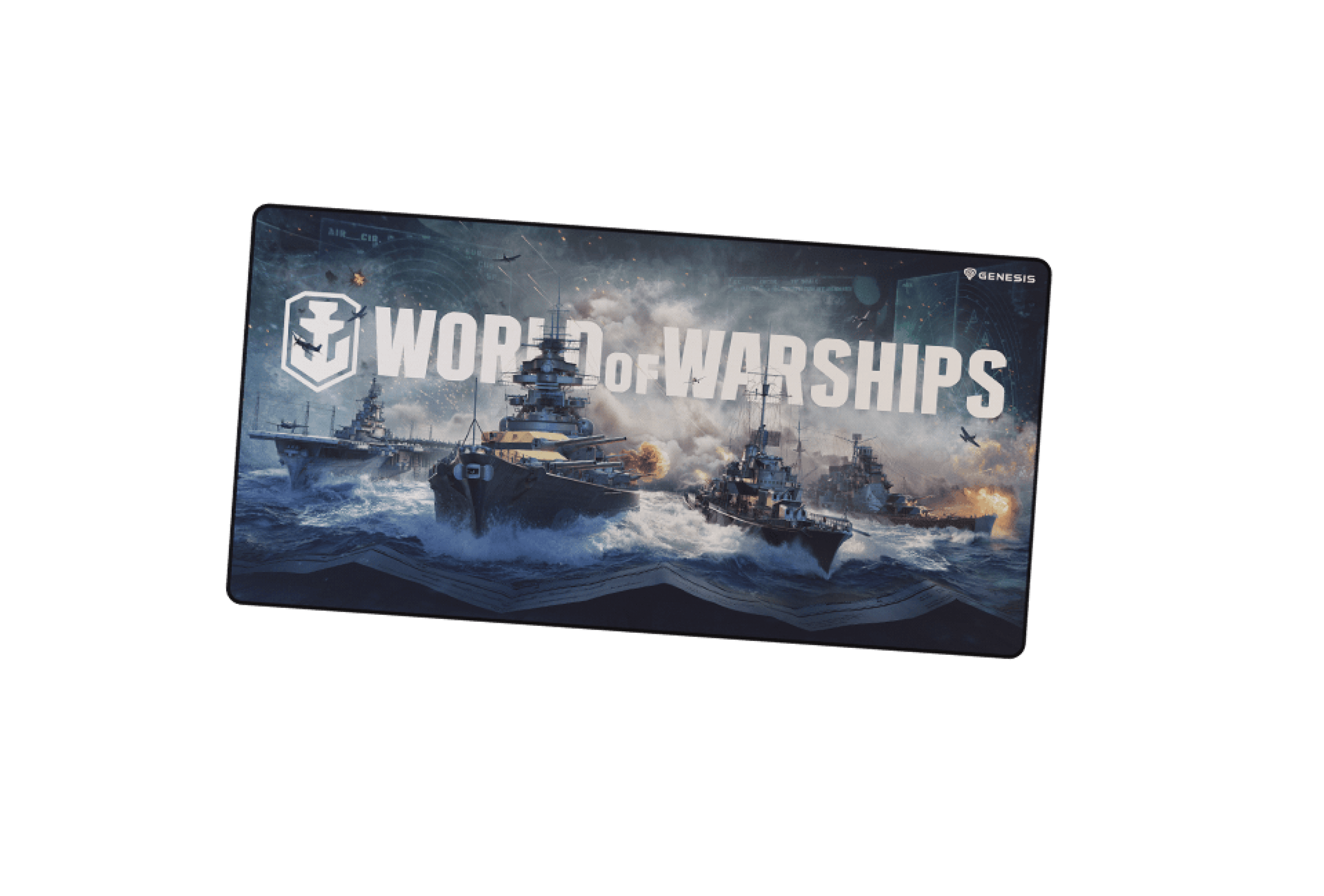 Duża podkładka pod mysz dla graczy przedstawiająca scenę bitwy oceanicznej z okrętami wojennymi, z napisem "World of Warships". Wymiary: 900x450mm