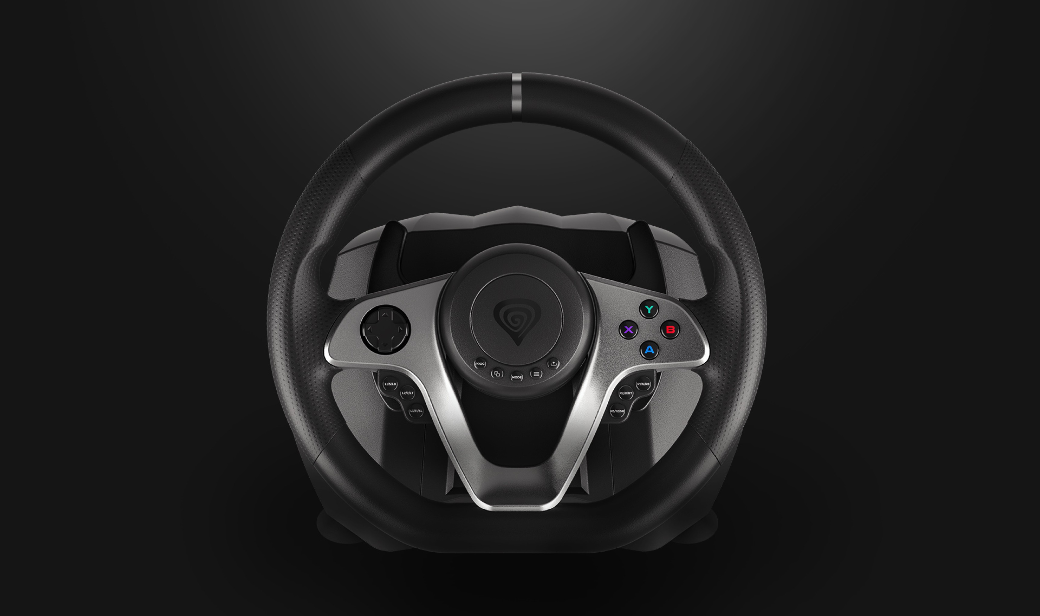 Kierownica wyścigowa zaprojektowana dla wielu platform do gier, o eleganckim czarno-srebrnym wyglądzie z przyciskami sterowania