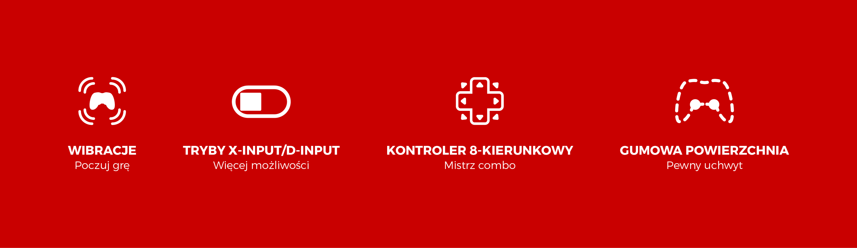 Cztery ikony na czerwonym tle przedstawiające różne funkcje i opcje gier.