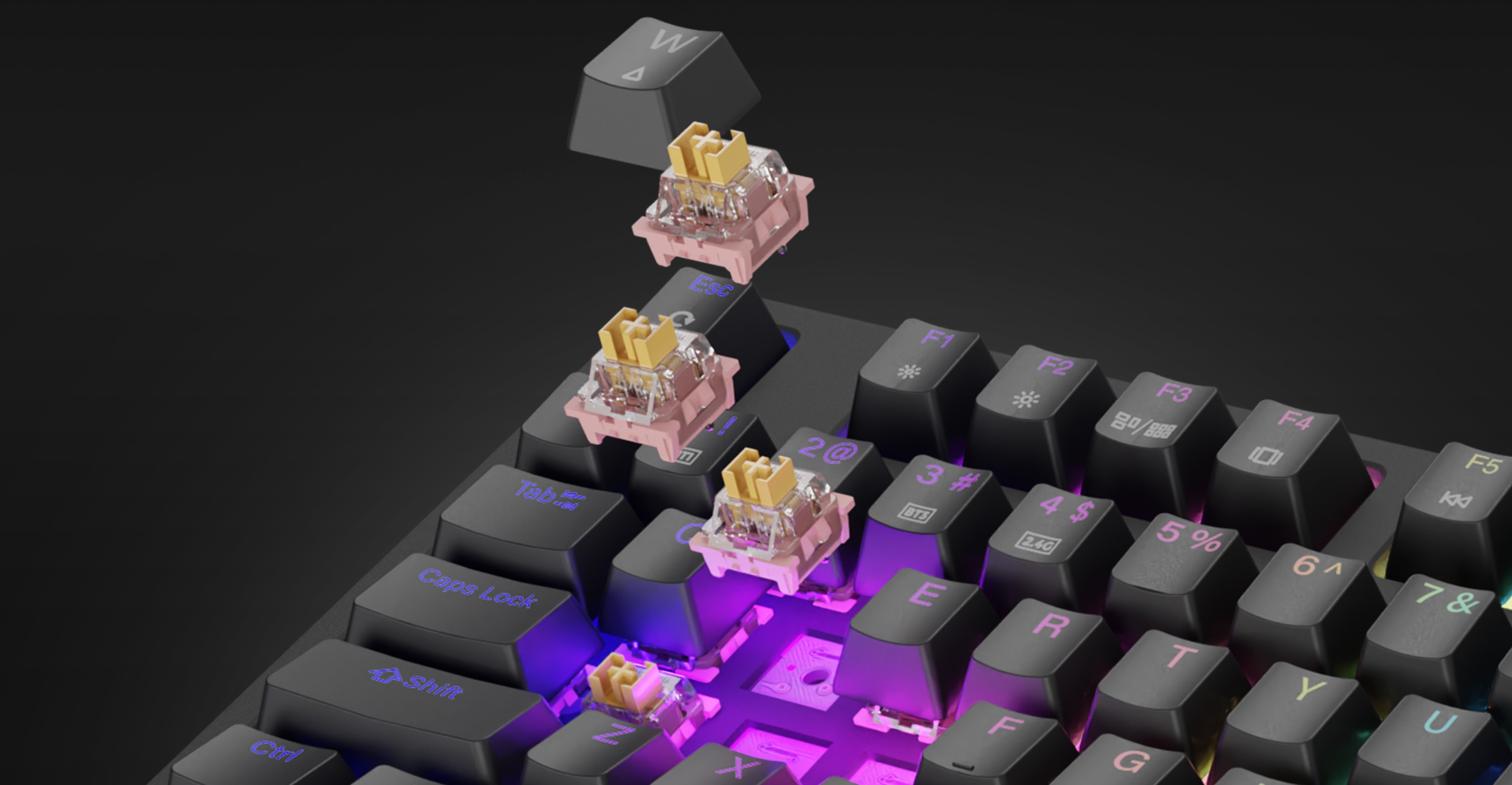 Bezprzewodowa mechaniczna klawiatura do gier z przełącznikami Outemu, podświetleniem RGB i kompaktową konstrukcją TKL ze zdjętymi nasadkami klawiszy