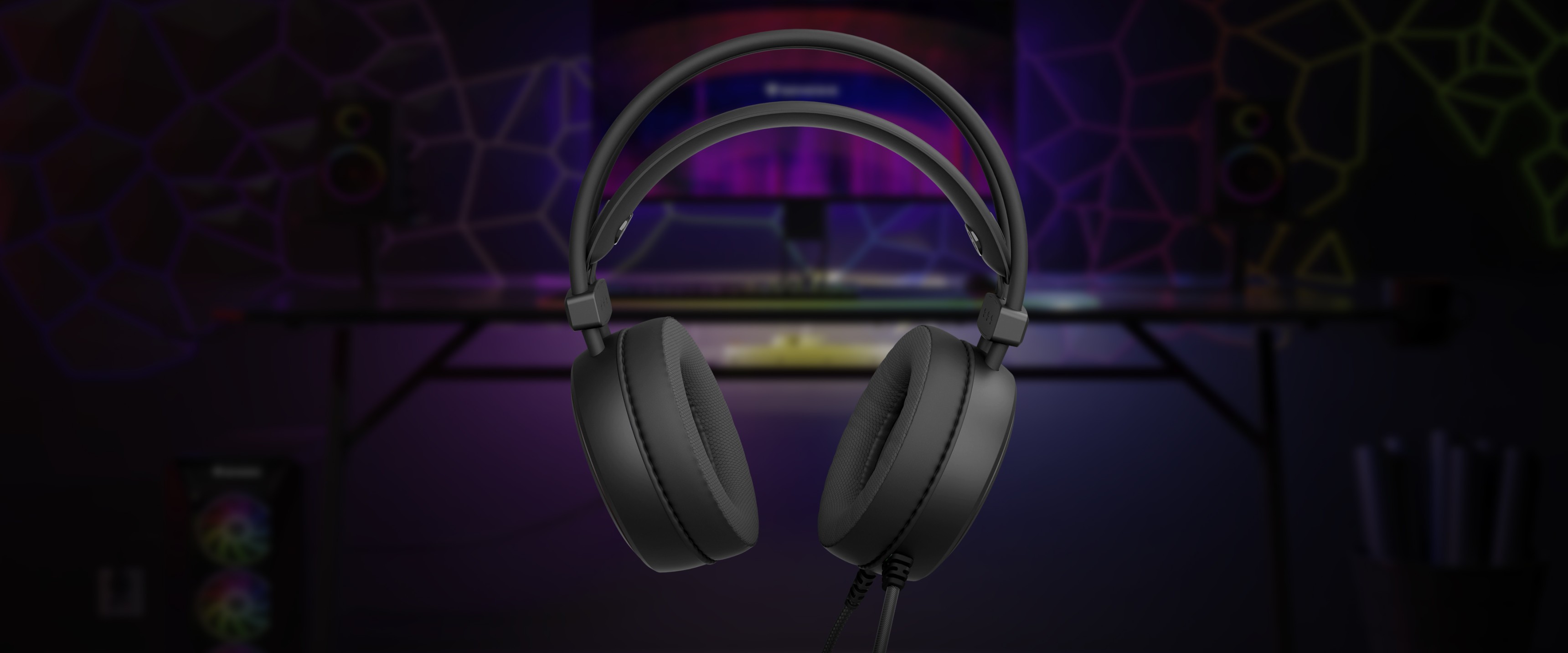 Czarne słuchawki nauszne Genesis Neon 613 G2 RGB z mikrofonem na kolorowym gamingowym tle