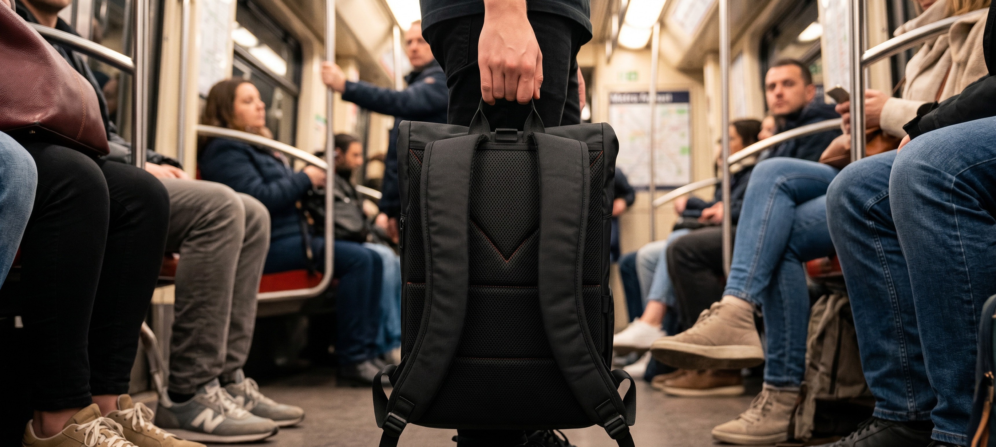Osoba stoi, trzymając czarny plecak w metrze, otoczona przez siedzących pasażerów.