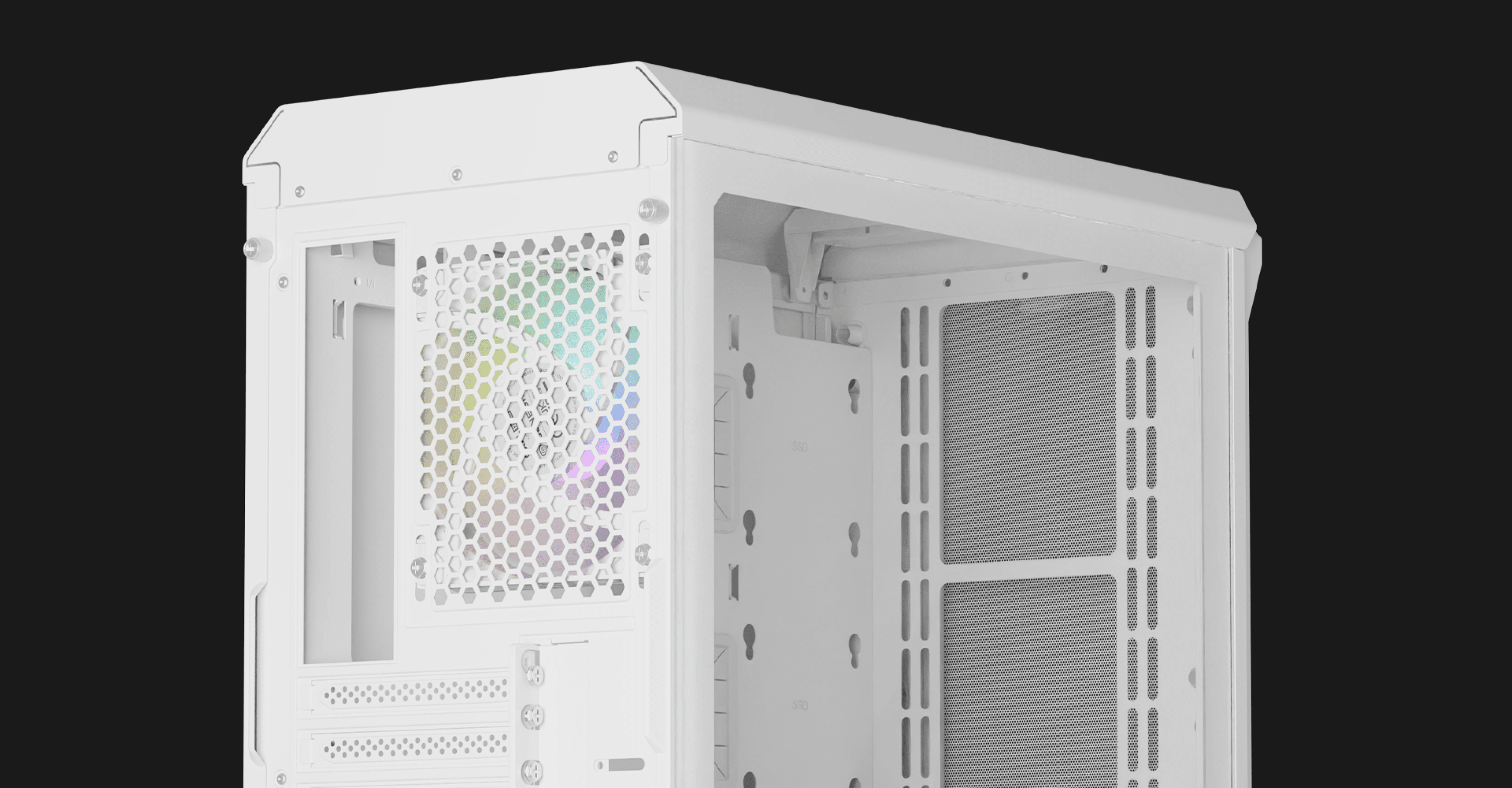 Biała obudowa PC typu mini tower MATX z bocznym oknem i wentylatorem ARGB, charakteryzująca się eleganckim wyglądem i wentylacją z siatki mesh.