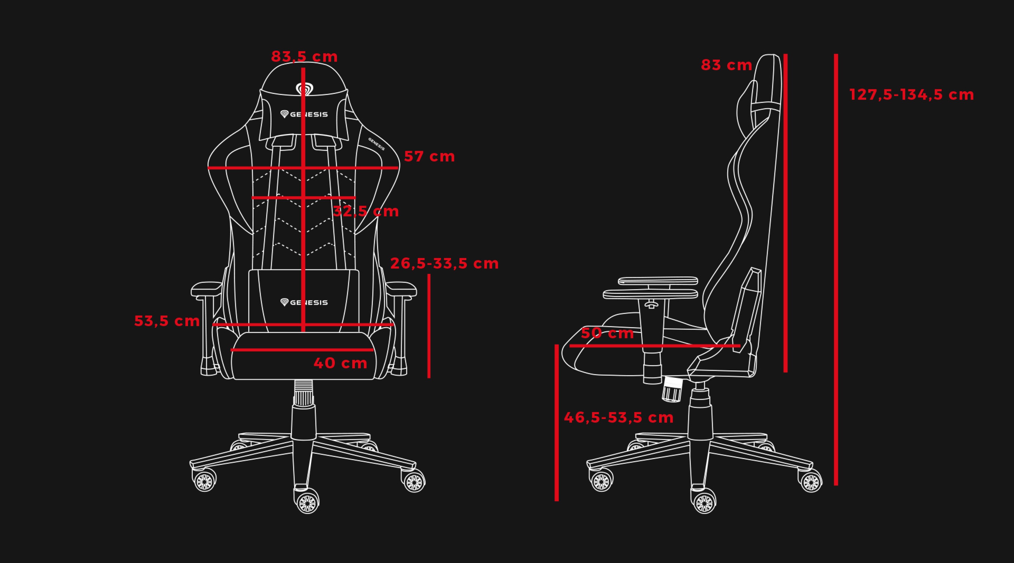 Wymiary i zarys designu czarnego fotela gamingowego Genesis Nitro 550 G2 z różnymi pomiarami wysokości