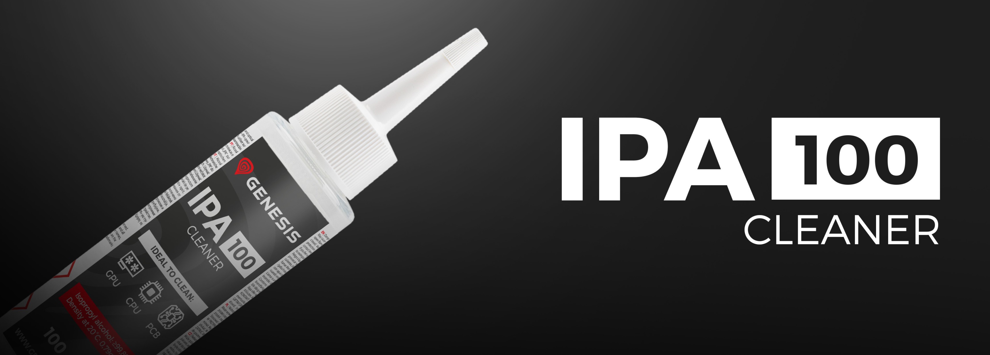 Środek czyszczący na bazie alkoholu izopropylowego w butelce o pojemności 100 ml z etykietą "IPA 100 CLEANER" i precyzyjną końcówką aplikatora.