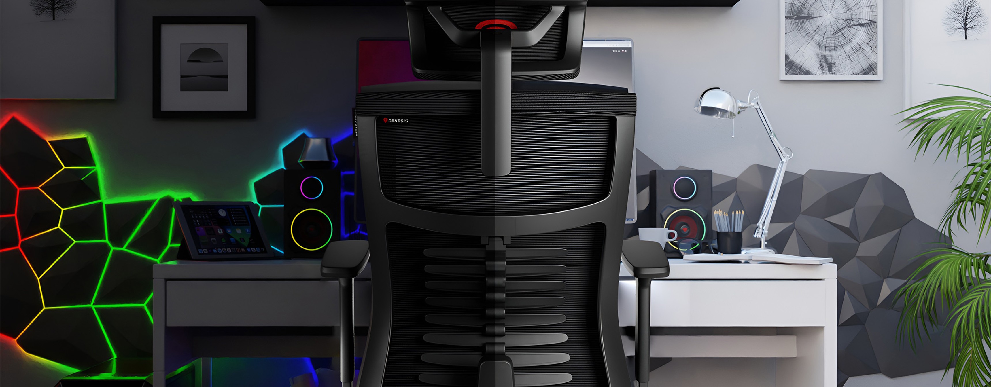 Ergonomiczny fotel gamingowy w kolorze czarnym, umieszczony w nowoczesnej przestrzeni roboczej z kolorowymi akcentami LED i minimalistyczną konfiguracją biurka.