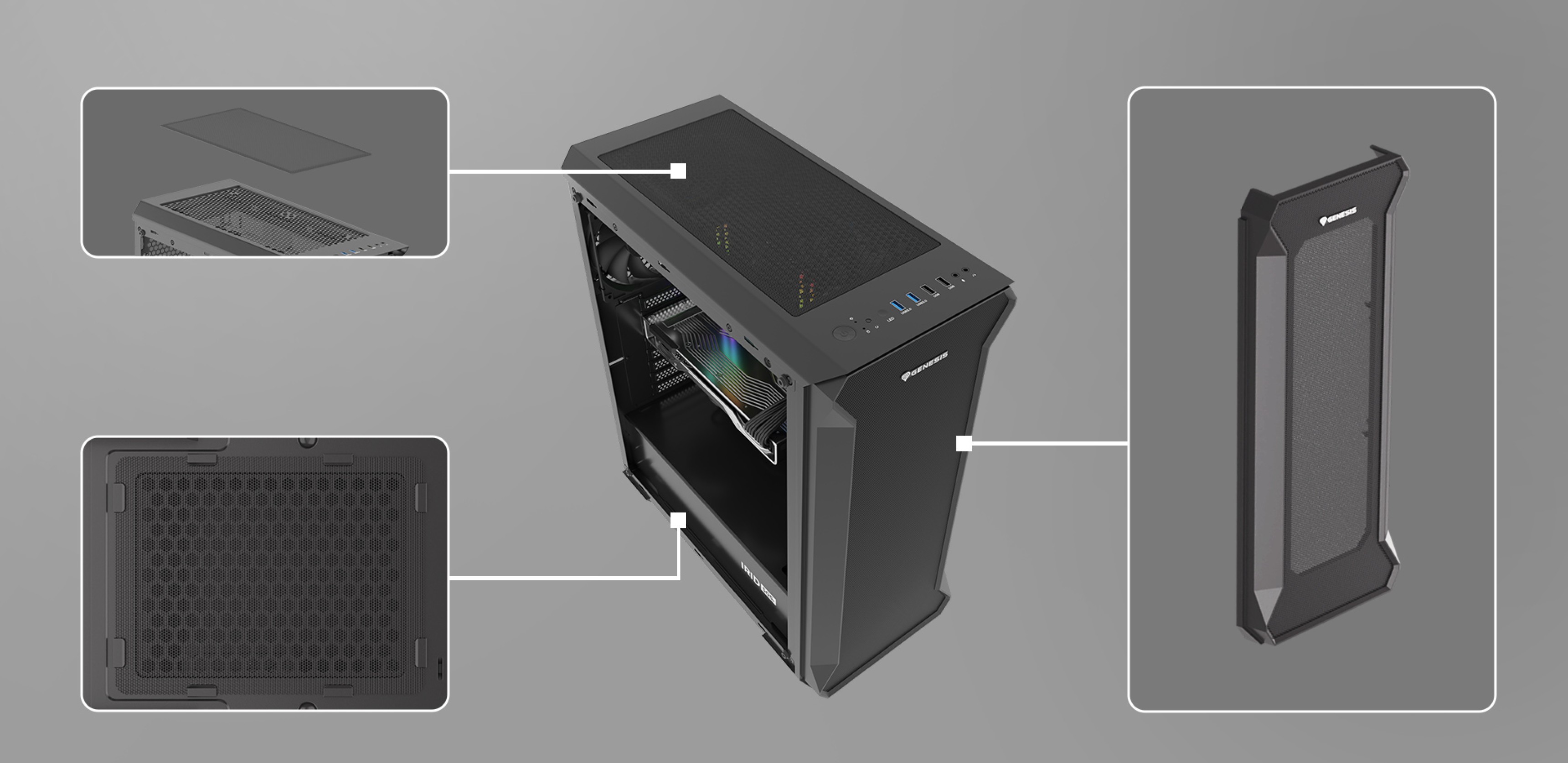 Czarna obudowa Genesis Irid 505F MIDI typu tower z oknem, wyposażona w zdejmowany panel siatkowy zapewniający przepływ powietrza i górne elementy sterujące