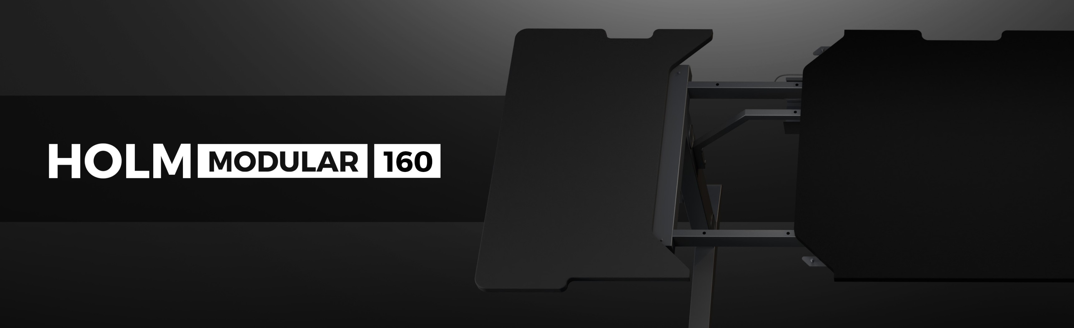 Czarne biurko gamingowe o eleganckim, nowoczesnym wyglądzie z logo "HOLM MODULAR 160".