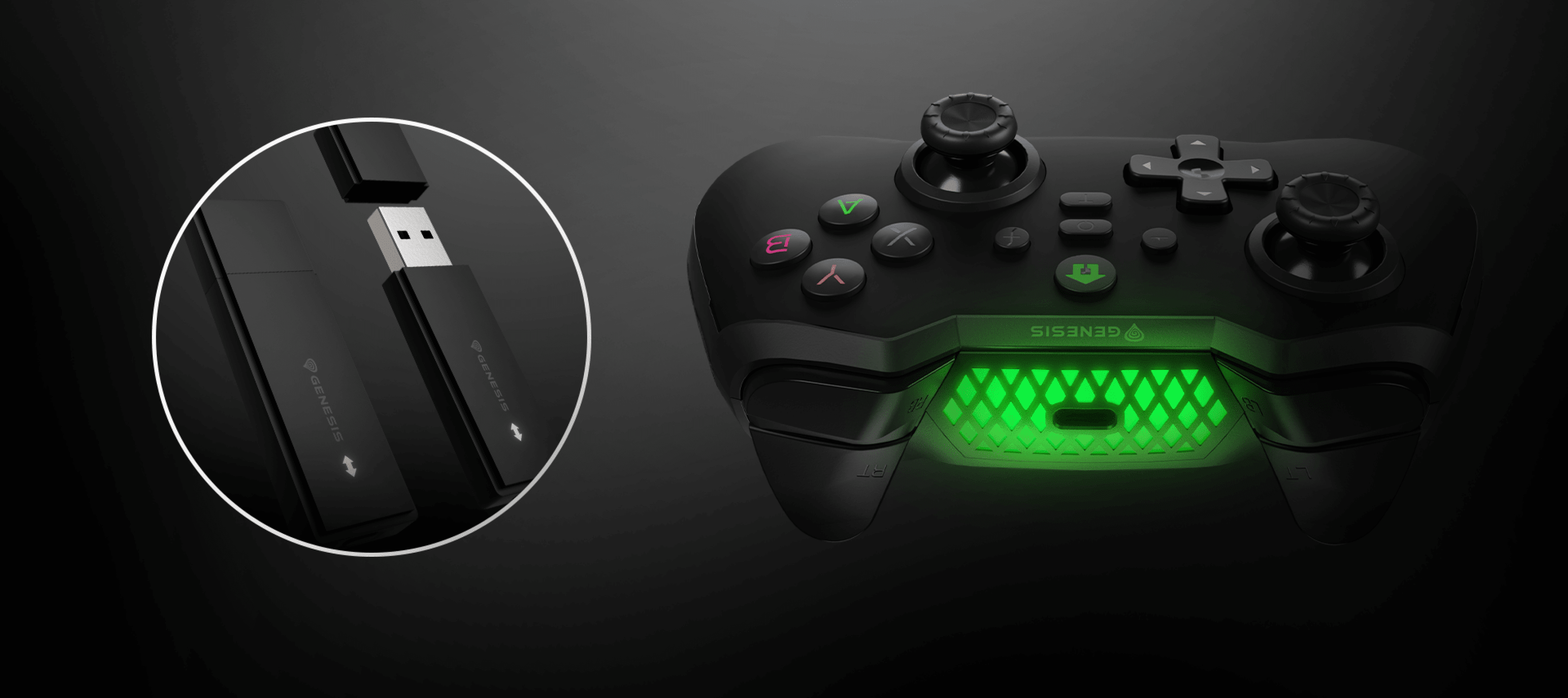 Bezprzewodowy gamepad Genesis Mangan 400 w kolorze czarnym, wyposażony w kolorowe diody LED i odbiornik USB dla komputerów PC, Switch i urządzeń mobilnych.