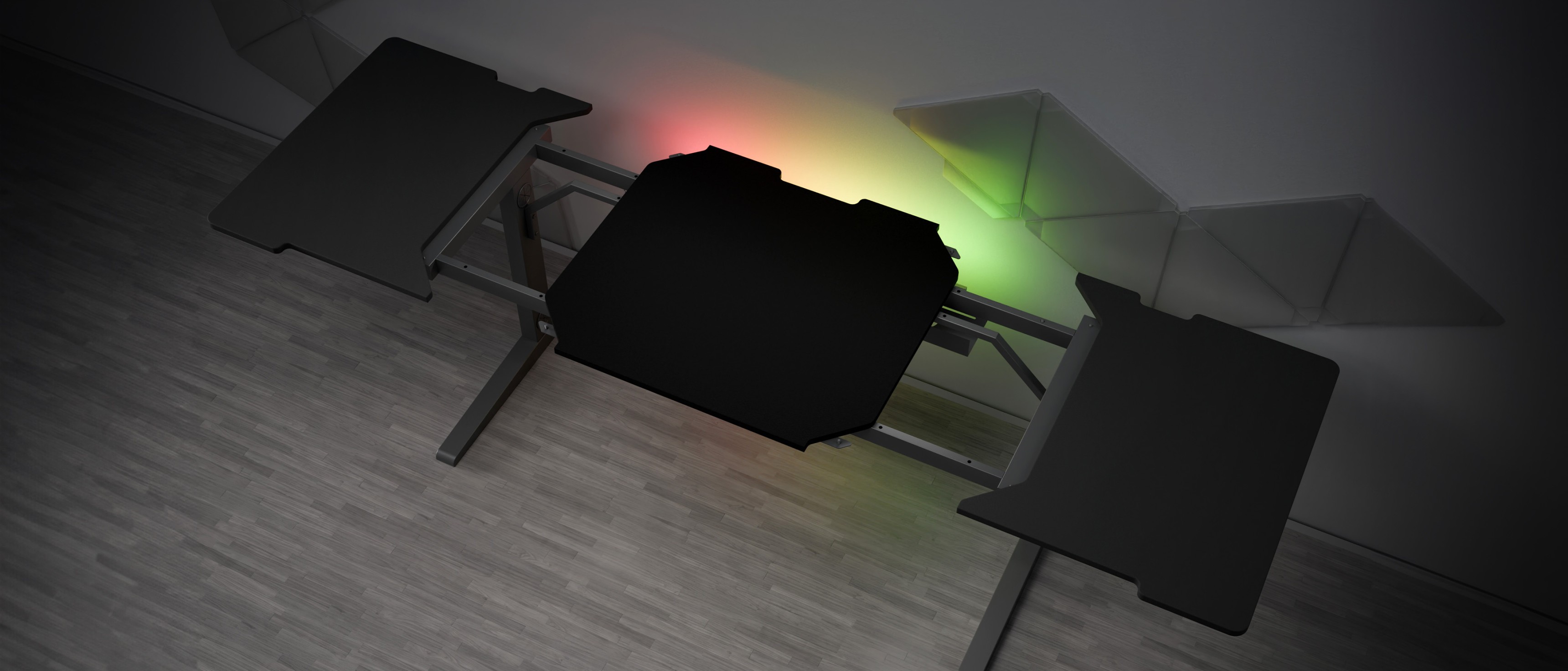 Modułowe przedłużenie biurka Genesis Holm z eleganckimi czarnymi powierzchniami i oświetleniem otoczenia. Szerokość: 60 cm