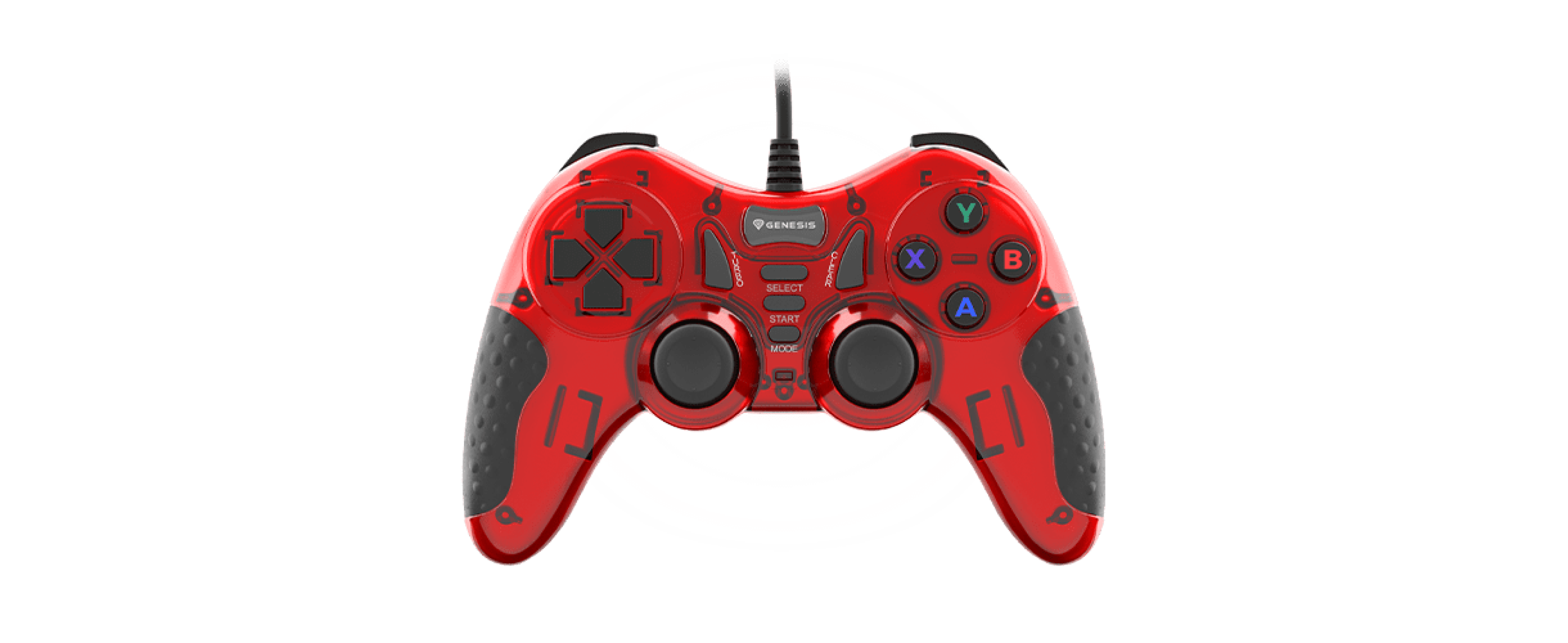 Przewodowy gamepad Genesis Mangan 200 do PC w kolorze czerwonym, wyposażony w dwa drążki analogowe i różne przyciski sterowania